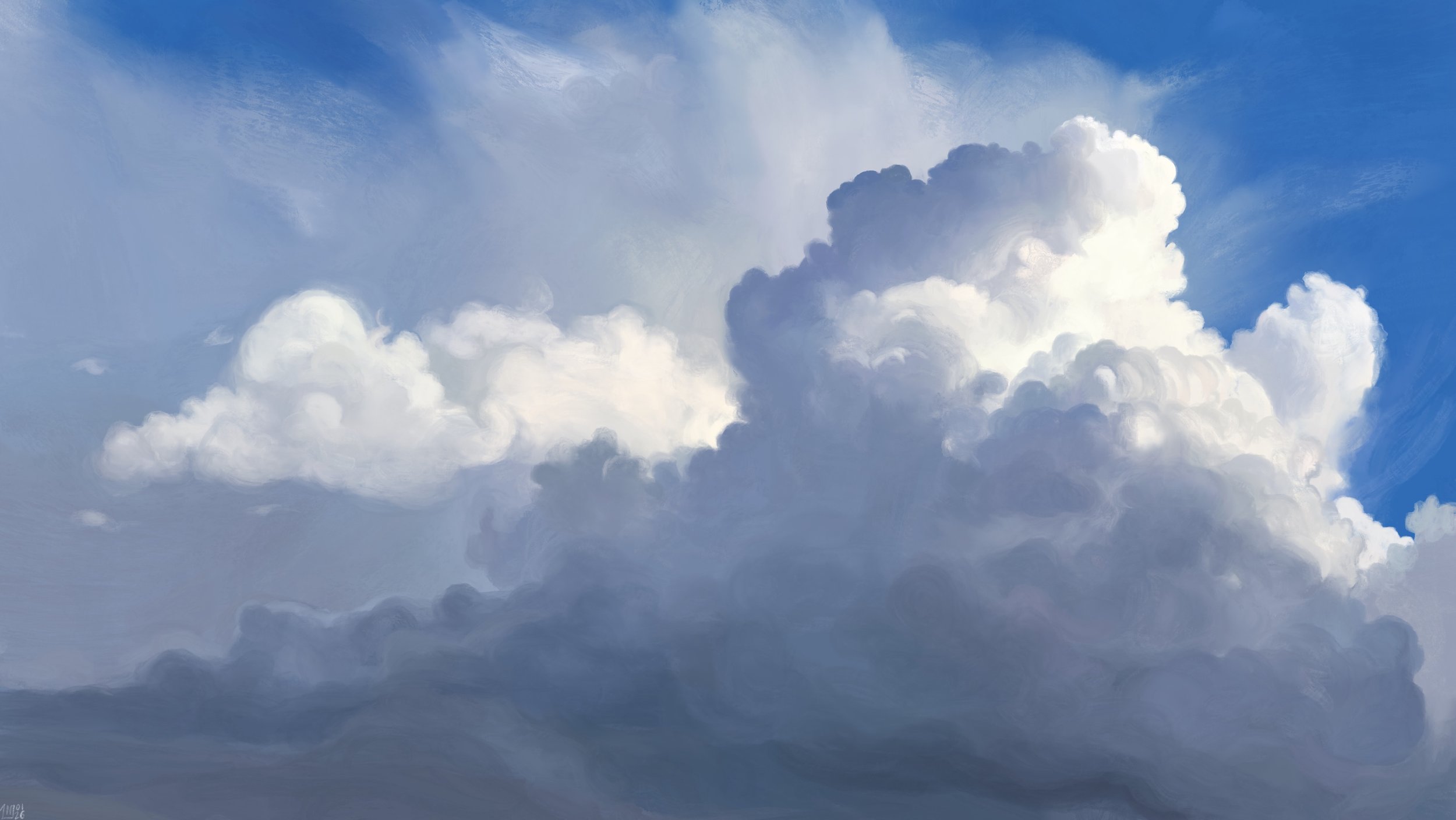Digital painting of a large, developing cloud, mostly dark grey, white where the light is catching it from the side. To the other side, a smaller, white cloud is also rising, and behind it, an anvil is growing into the blue sky.
