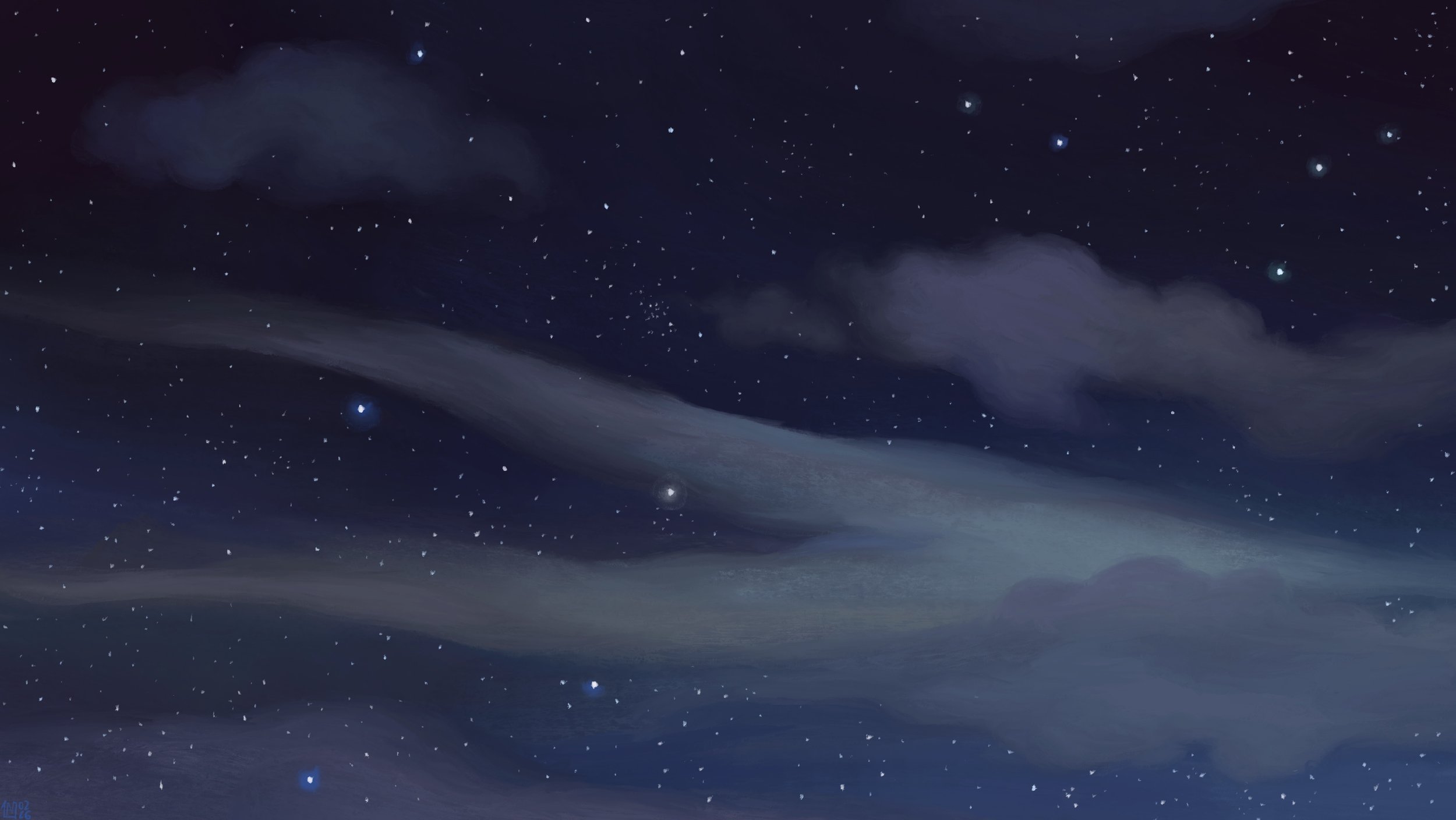 Digital painting of a dark blue night sky, full of stars. There are long, smooth clouds stretching across the frame, and smaller, fuzzier ones scattered around them. The clouds are blending into the sky, shades of grey due to the time of night.
