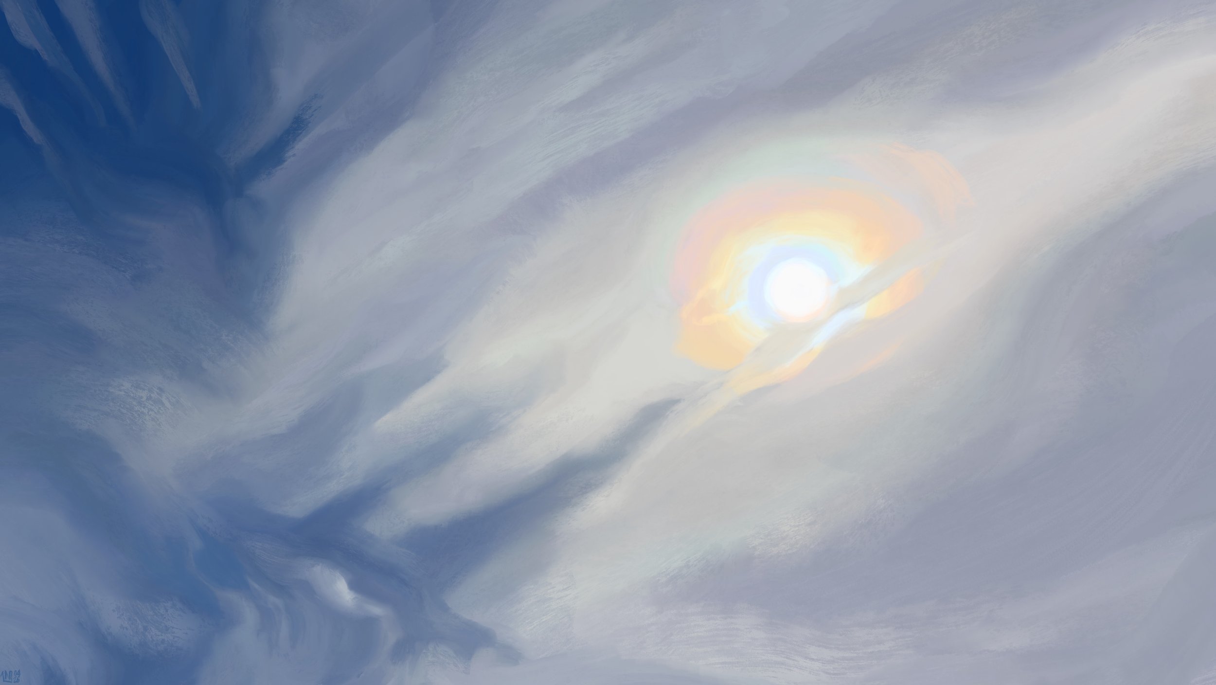 Digital painting of a blue sky mostly covered with a thin sheet of white clouds, slightly striated. The sun shines through, with an iridescent crown glowing around it.