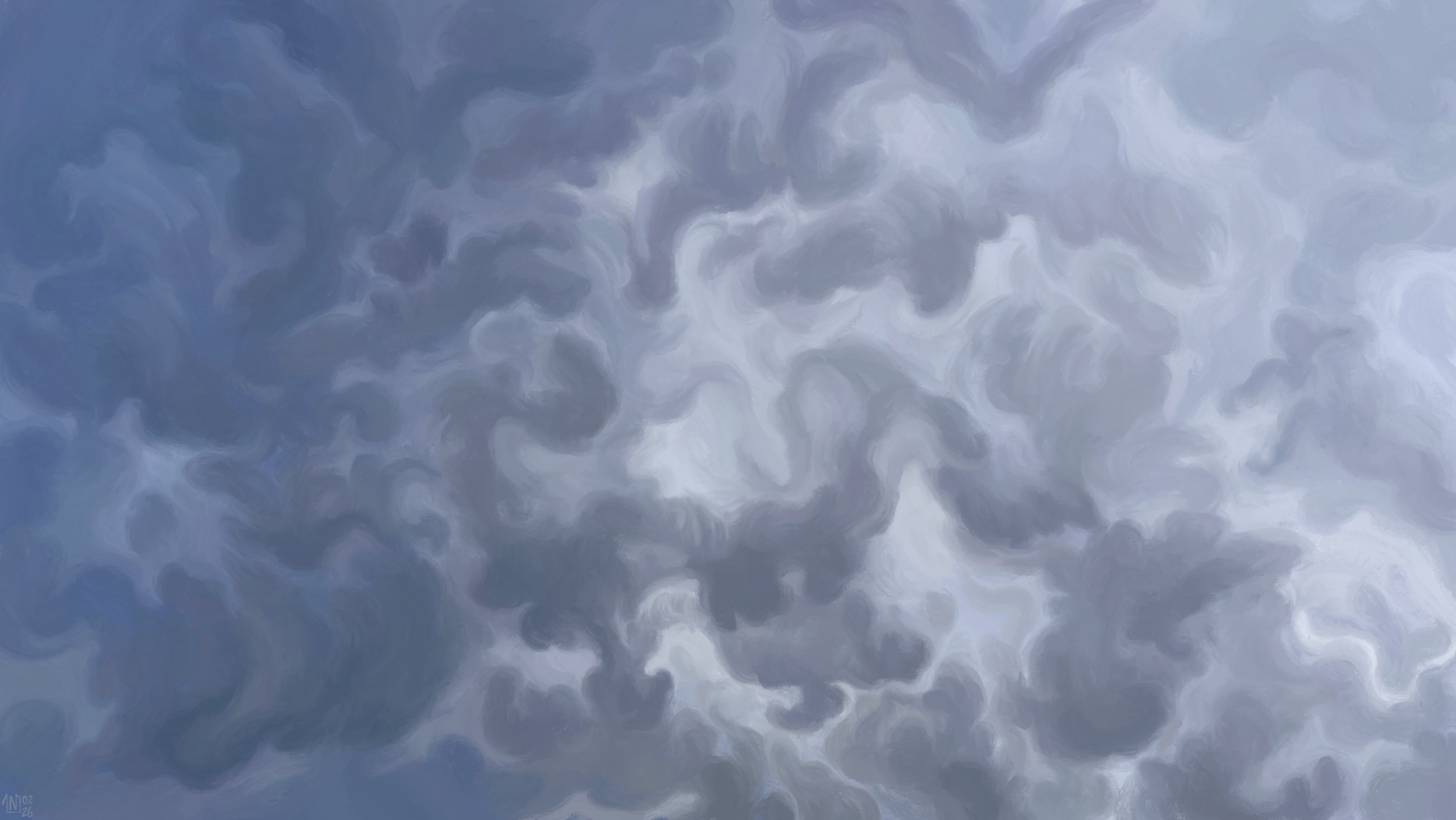 Digital painting of a complicated cloudy sky, swirls of various shades of grey moving haphazardly, interlocking with one another.