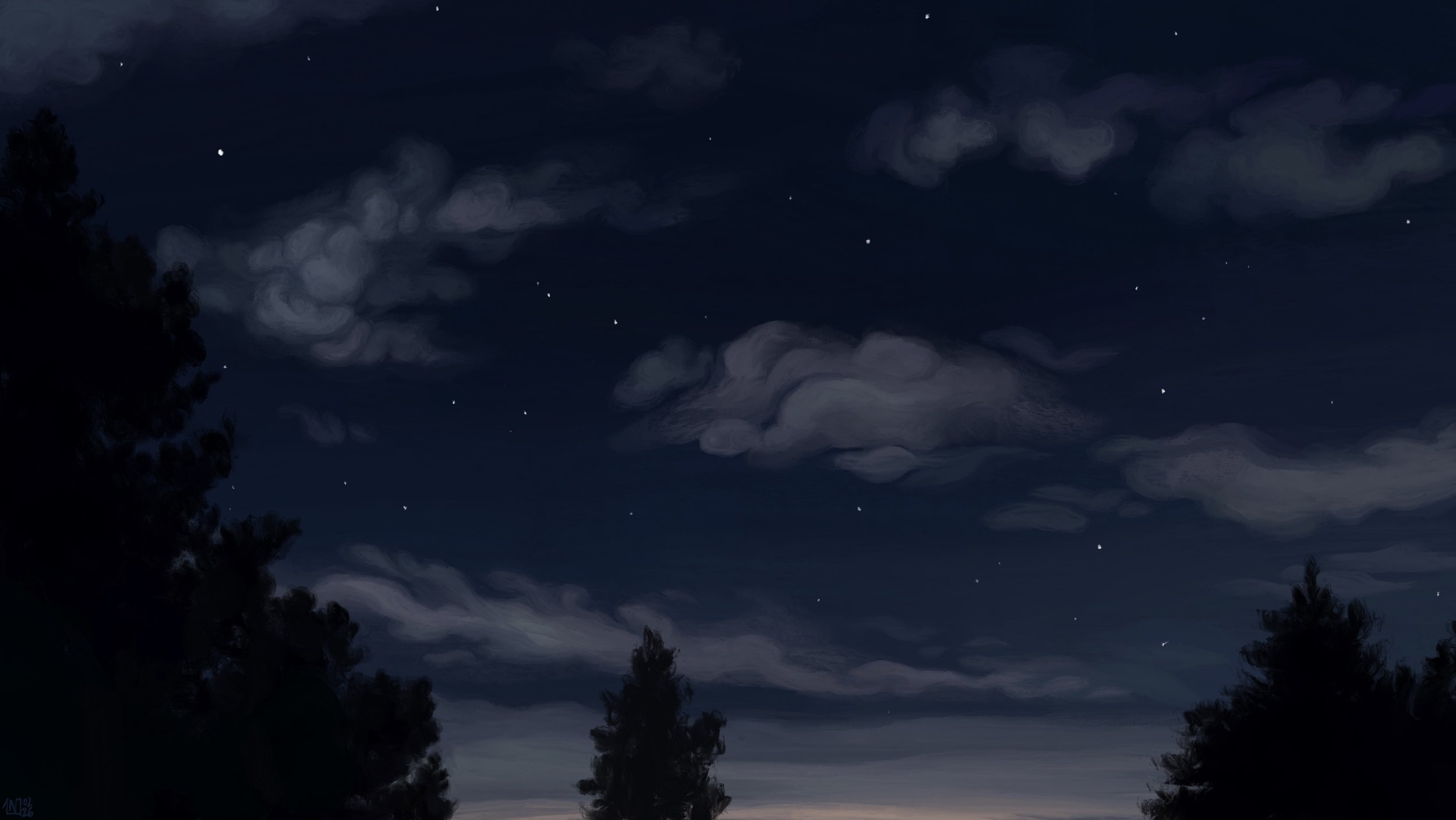 Digital painting of a dark blue, starry night sky with pale clouds scattered all over the frame. There are tall, dark fir trees rising against the sky, and a faint glow over the horizon.