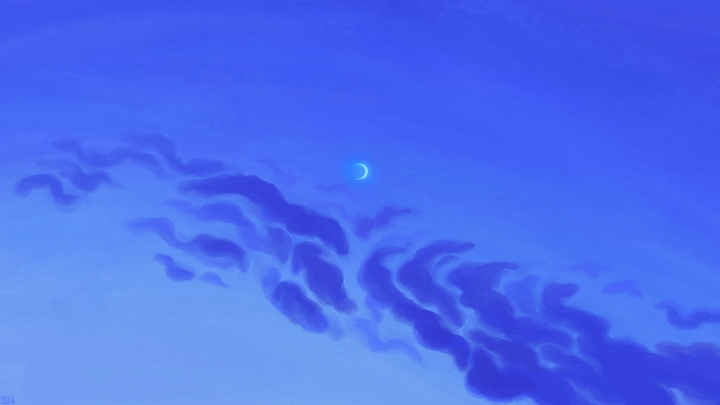 Digital painting of a twilight sky: a soft gradient of blue, with a row of undulating, dark blue clouds crossing the frame diagonally. A small crescent, waxing moon glows in the centre.