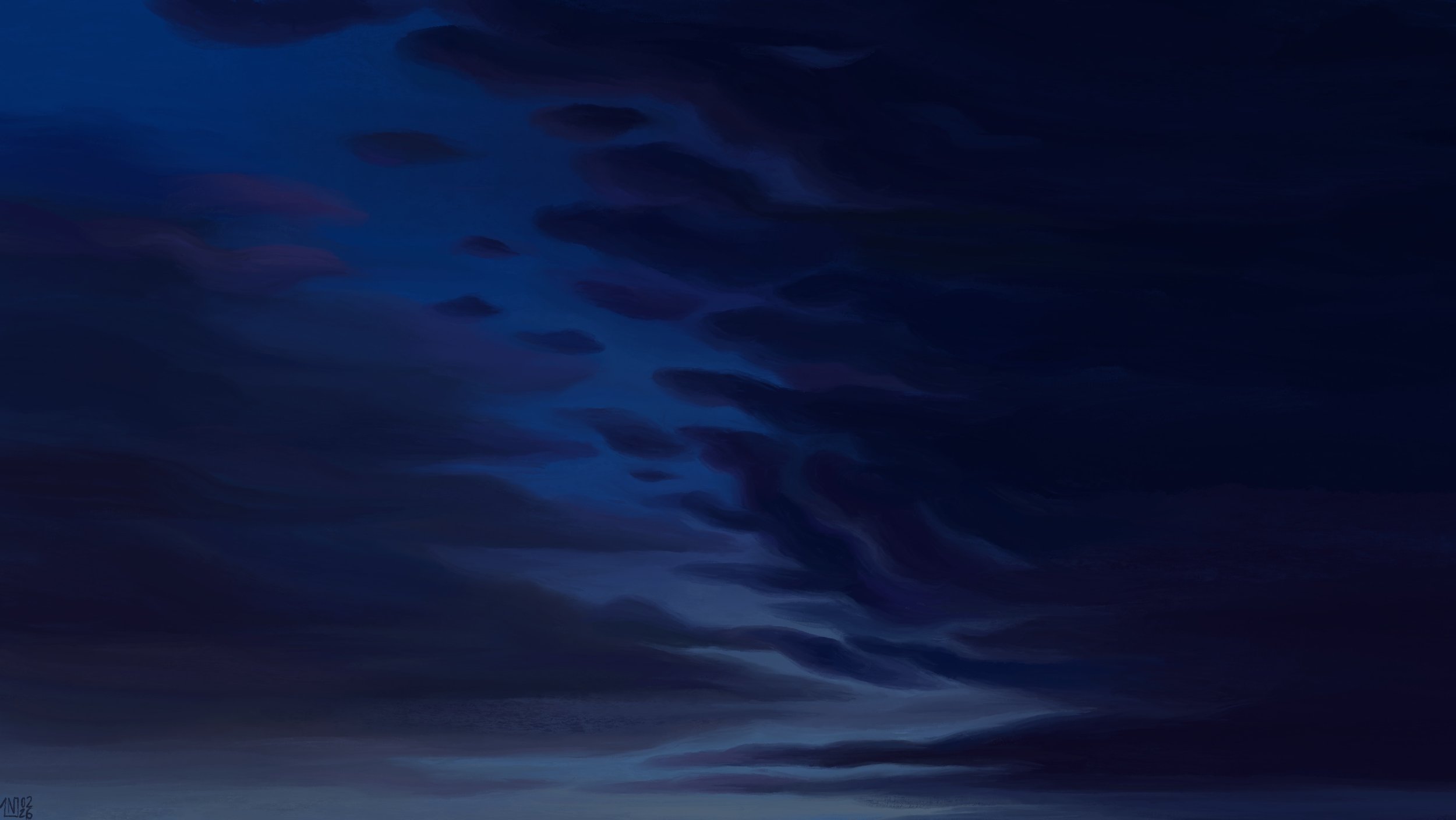 Digital painting of a twilight sky: the clouds on the right-hand side of the frame are a dark, midnight blue, stretching to the left, where the clouds are wispier, less intense. In the back, the sky is a gradient of blue.