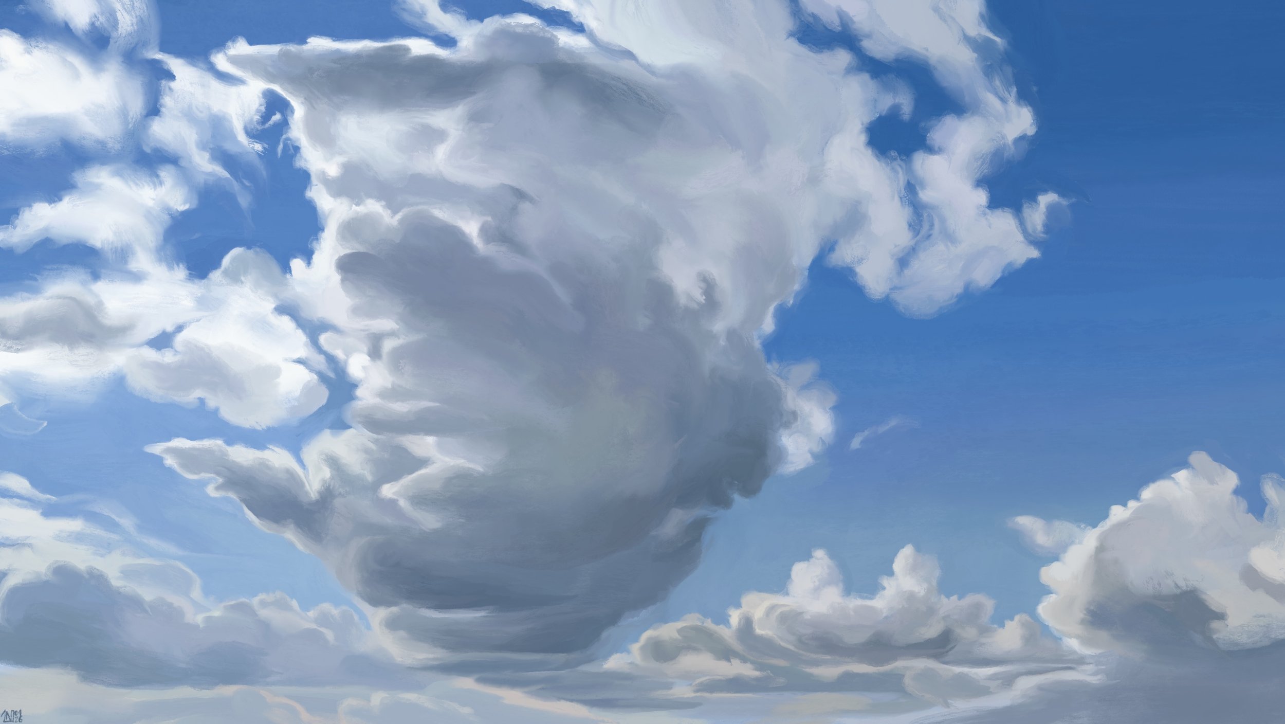 Digital painting of a blue sky in which tall clouds are floating, following a path towards the horizon. The clouds are grey and white, brightly lit in the sunshine.