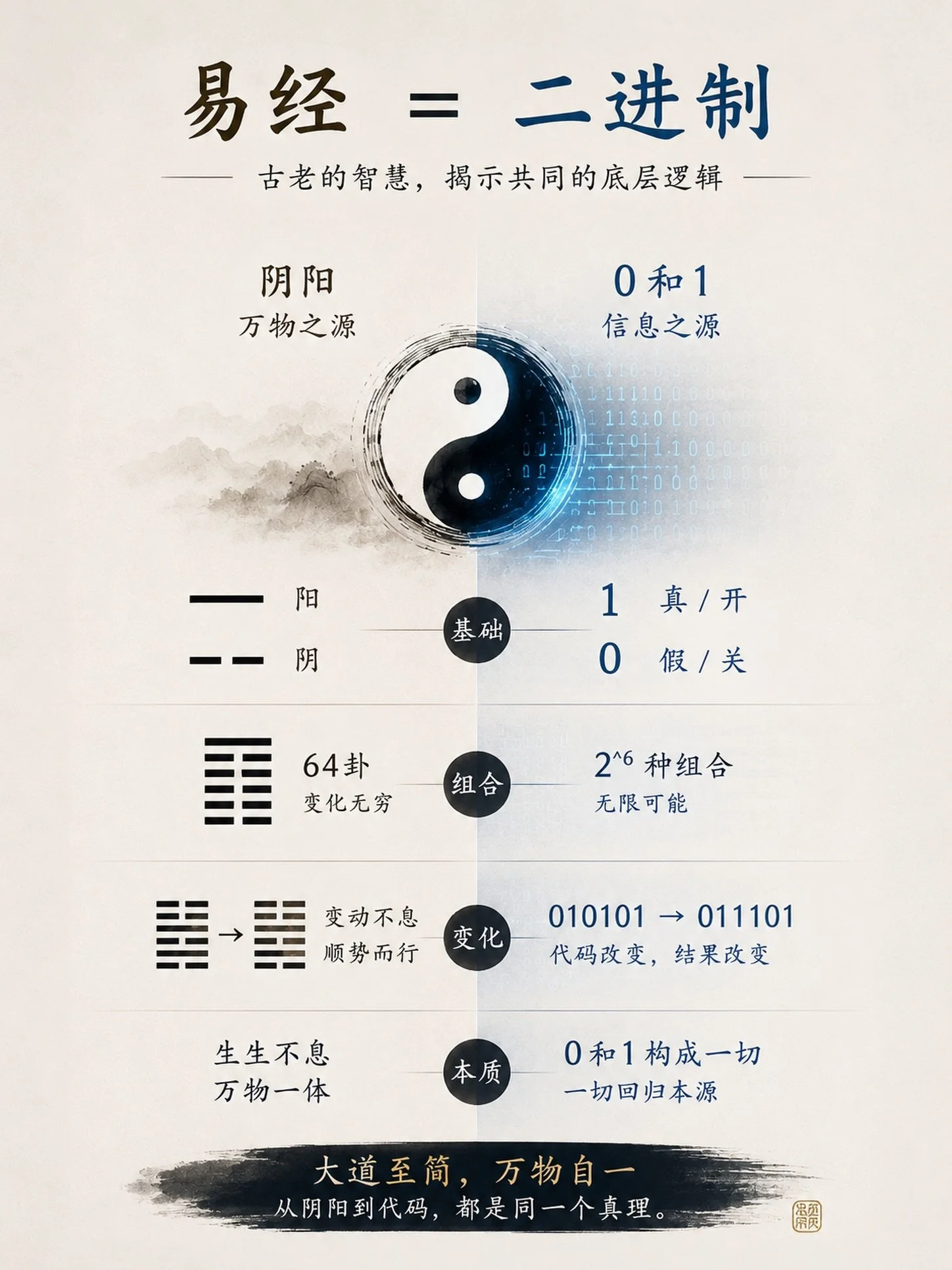 世界上最古老的智慧，和最先进的科技，居然说的是同一件事。

《易经》只有两种符号：

阳（⚊）
阴（⚋）

电脑也只有两种符号：

1
0

看起来毫无关系。

但它们都在告诉我们同一个道理。

复杂，来自简单。

六条阴阳，组成六十四卦。

六个0和1，组成六十四种组合。

再继续组合，
就能演化出无限可能。

生命也是一样。

我们的情绪、关系、选择、命运&hellip;&hellip;

看起来很复杂。

但很多时候，
只是来自几个最底层的模式，
不断重复。

所以，真正的成长，
不是一直