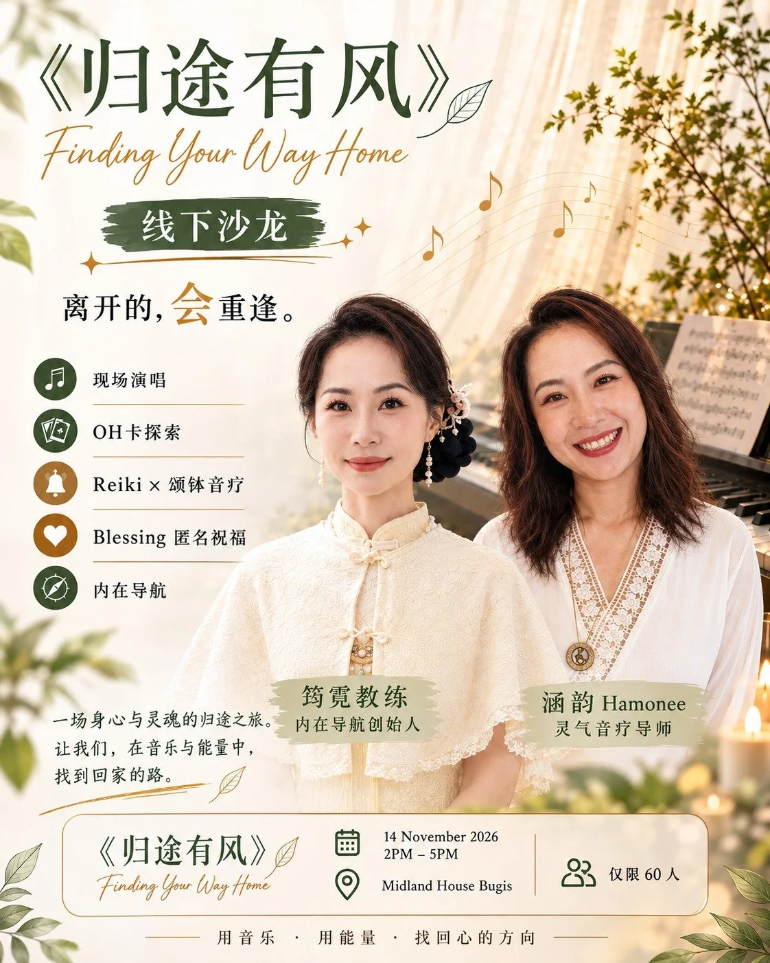离开的，会重逢。
而每一次重逢，也许都是一次重新认识自己的机会。

这一次，我们把一首歌，变成一场旅程。

从听见 &rarr; 看见 &rarr; 放下 &rarr; 连结 &rarr; 回家，
走完一条属于自己的「归途」。

《归途有风》Finding Your Way Home （线下沙龙）
14 Nov 2026 Saturday 2PM&ndash;5PM
Midland House, Bugis
112 Middle Road, Singapore 188970
限60人

早鸟优惠
