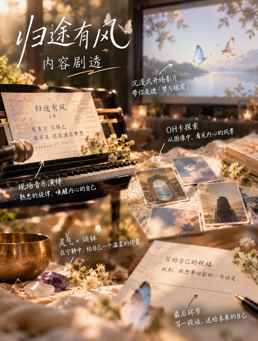 不知不觉，距离《归途有风》只剩下一个月了！🦋

来，偷偷剧透一点给你听 🤭

这次除了现场音乐演绎和 OH 卡探索，还有一个之前没公开过的环节！

✨ 涵韵老师会敲响颂钵，带领8位灵气导师一起进行一场大型灵气活动。过程中，她也会带大家做一段冥想，跟着自己的节奏，走一趟属于自己的归途。

每一场活动，我都会花很多心思去设计。从音乐、OH卡到每一个体验环节，都希望大家不只是来参加一场活动，而是真的能带着一些不一样的感觉回去。

而且，《归途有风》只办这一场，错过就没有下一次啦！❤️

目前只剩最