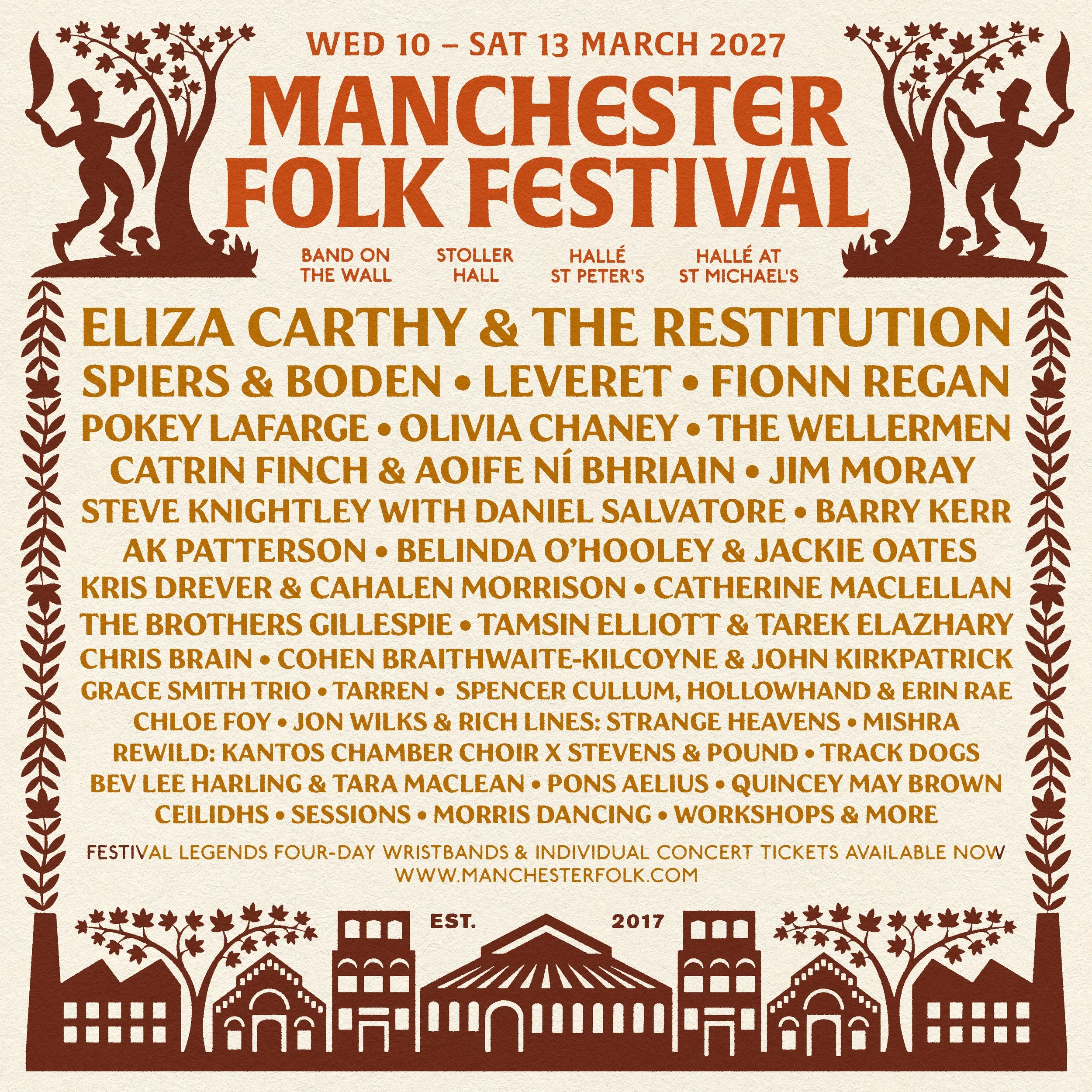 Eliza Carthy &amp; The Restitution, Belinda O'Hooley &amp; Jackie Oates, Jim Moray and more announced for Manchester Folk Festival 2027, alongside Sacred Harp, Sound Bath and Spoon Carving workshops