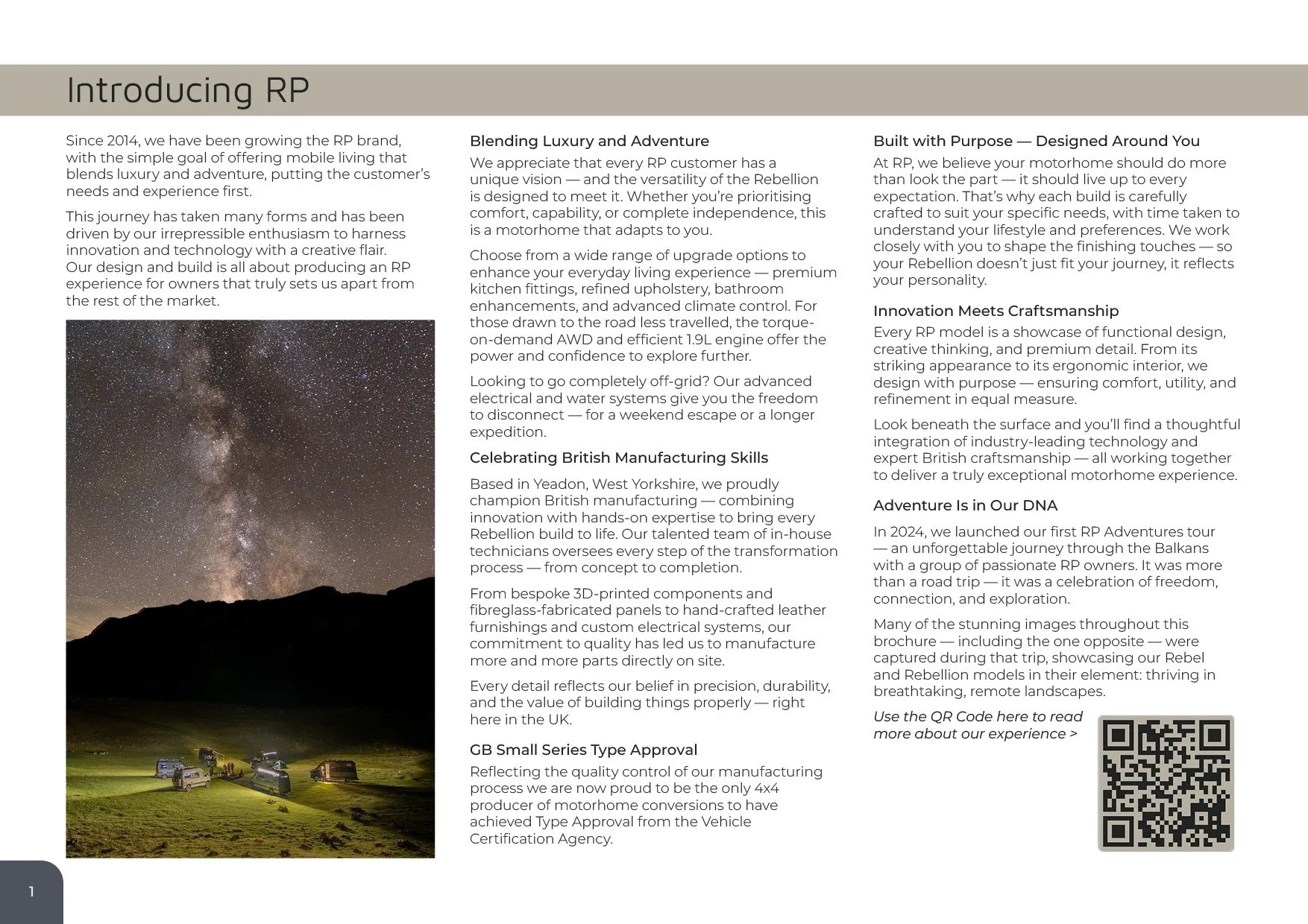 A brochure page with the title 'Introducing RP'. The left side has a block of text and an image of the night sky with stars, and the bottom of the image shows a hill with parked cars at night. The right side contains multiple blocks of text discussin