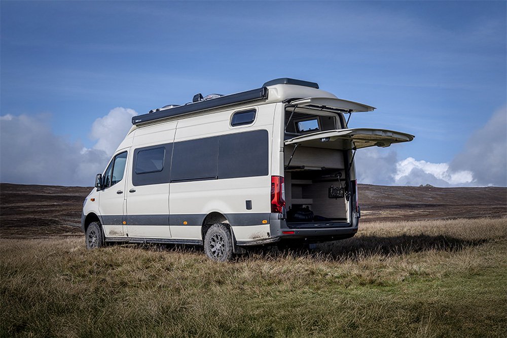 2026 Rebellion AWD 4x4 open garage from up and over door unique and bespoke to RP Leisure perfect for overland storage capacity