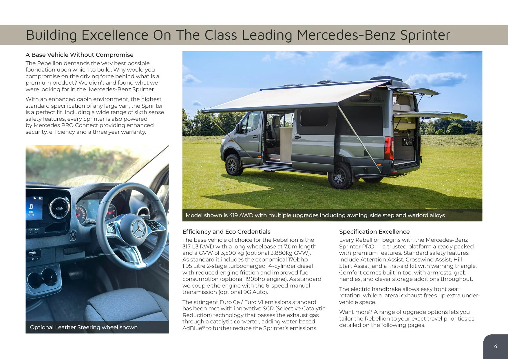 A Mercedes-Benz Sprinter camper van with an extended awning, side step, and alloy wheels is parked on a grassy field under a clear blue sky.