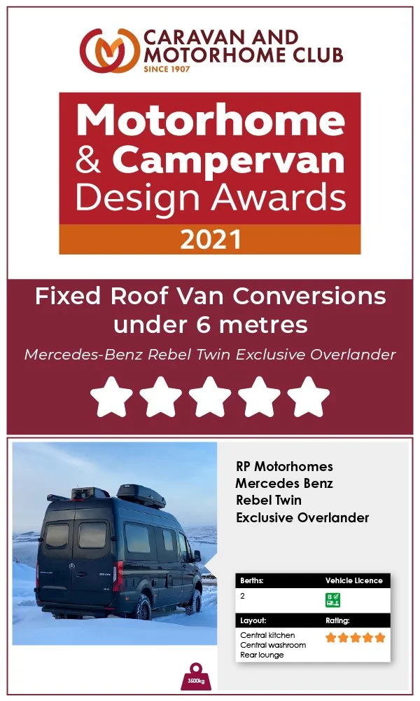 2021 Award of five 5 stars for RP Motorhomes for Van Conversions with a fixed roof under 6 meters for RP Rebel Twin Exclusive from Caravan and Motorhome Club