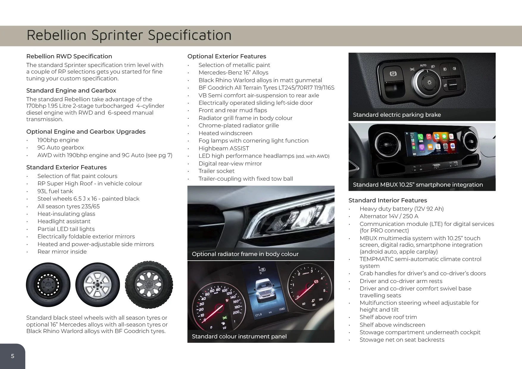Rebellion Sprinter Specification document showing optional exterior features, standard engine, exterior, interior features, color instrument panel, and images of wheels, dashboard, and electronic controls.