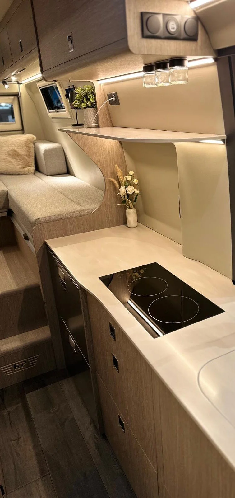 RP rebellion galley kitchen Corian worktop dual induction hob and 150L compressor fridge