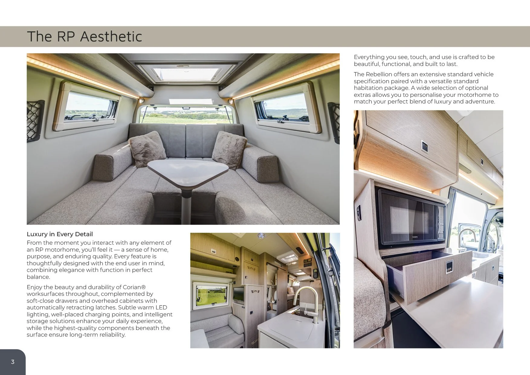 Interior of a luxury camper van with beige seating, windows, and wooden cabinetry, featuring a small microwave and LED lighting.