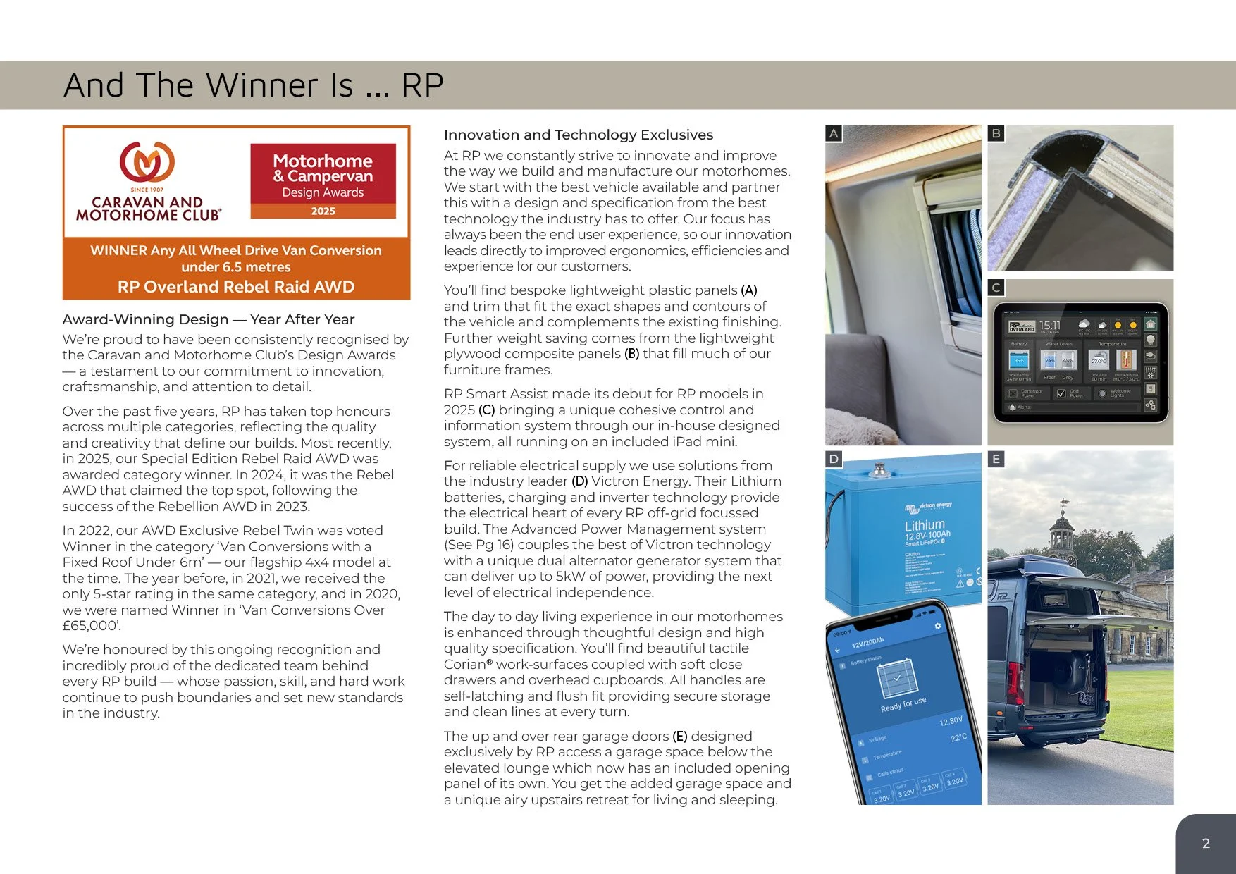 Page 2 of a brochure celebrating the Caravana and Motorhome Club's awards in vehicle design, showcasing images of motorhome features like interior, control panel, battery, and garage doors.