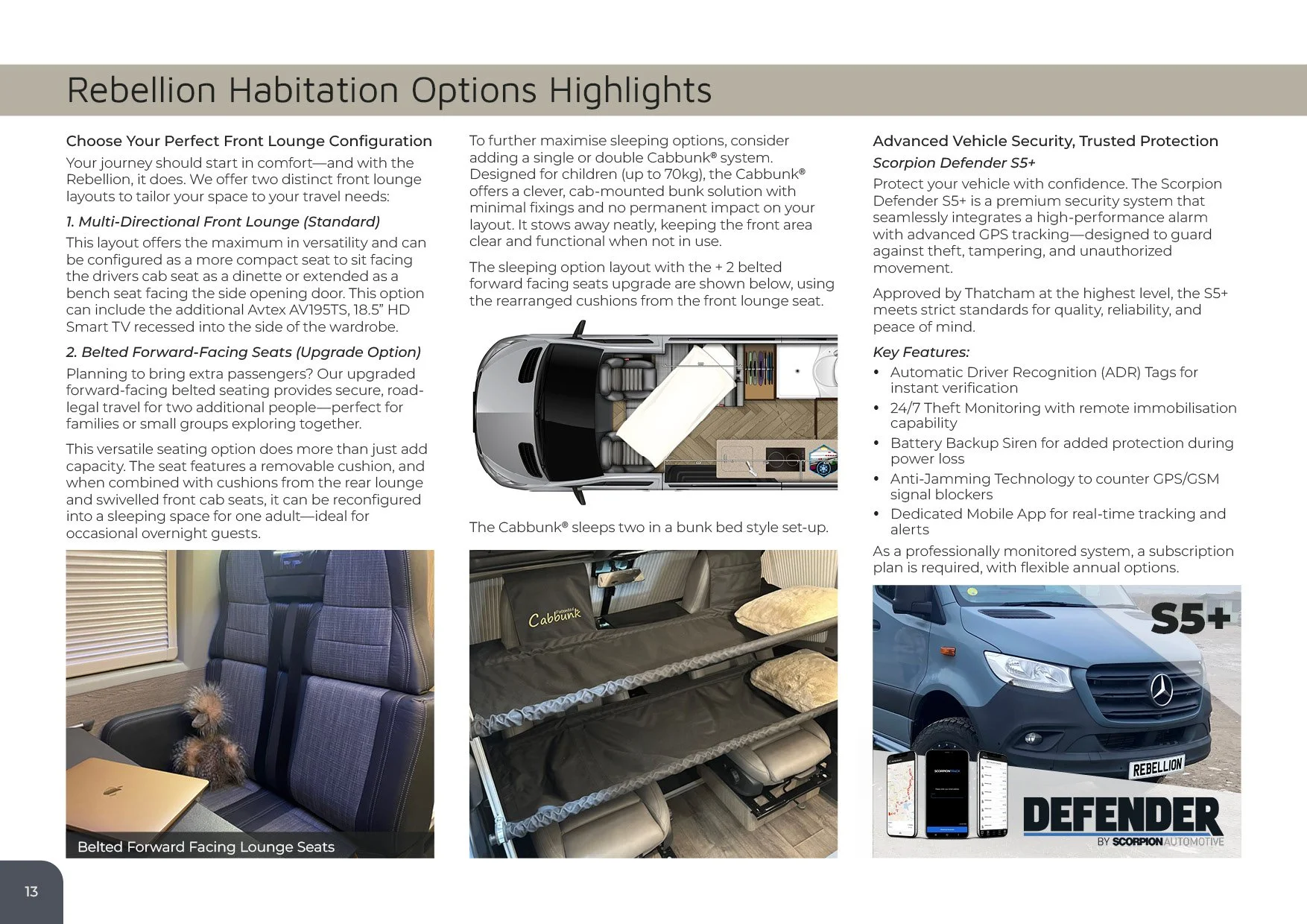 Page with text about Rebellion Habitat options, including front lounge configurations, the Cabbunk bunk bed system, and vehicle security features. Contains images of a vehicle interior with beds and a vehicle exterior with a Mercedes-Benz S5+ and sec