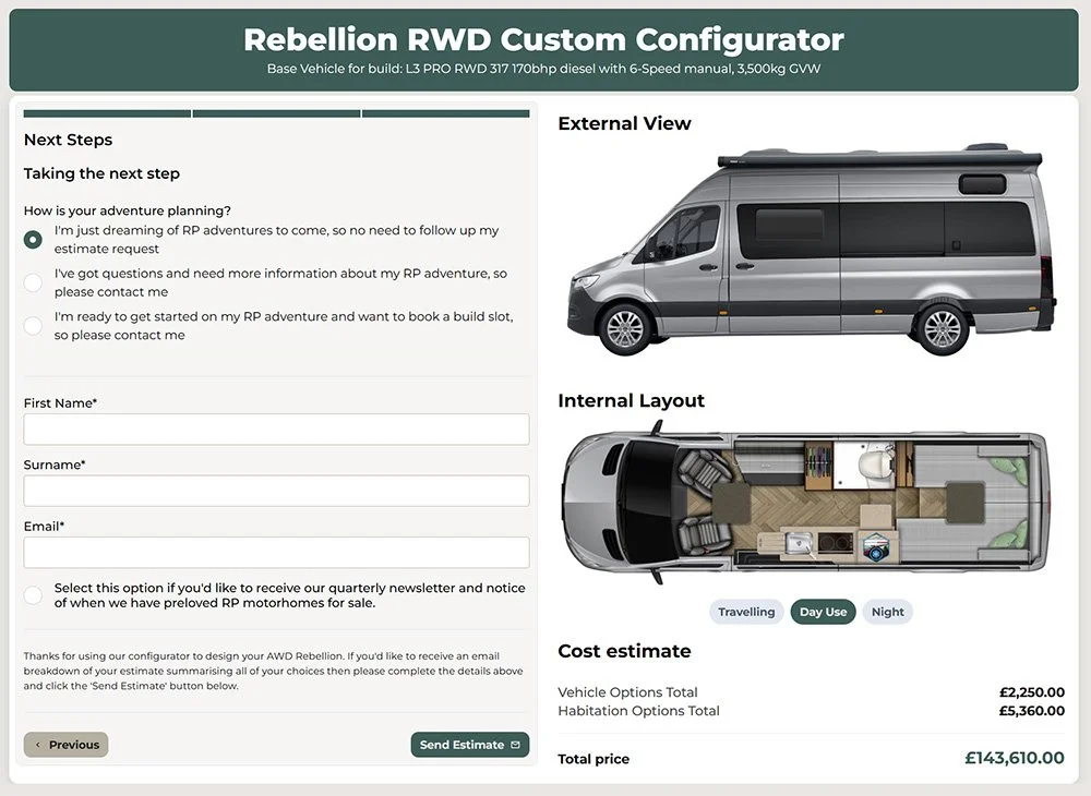RP Motorhomes Custom Configurator  to design your dream Mercedes sprinter motorhome or campervan next steps options easy to use no pressure