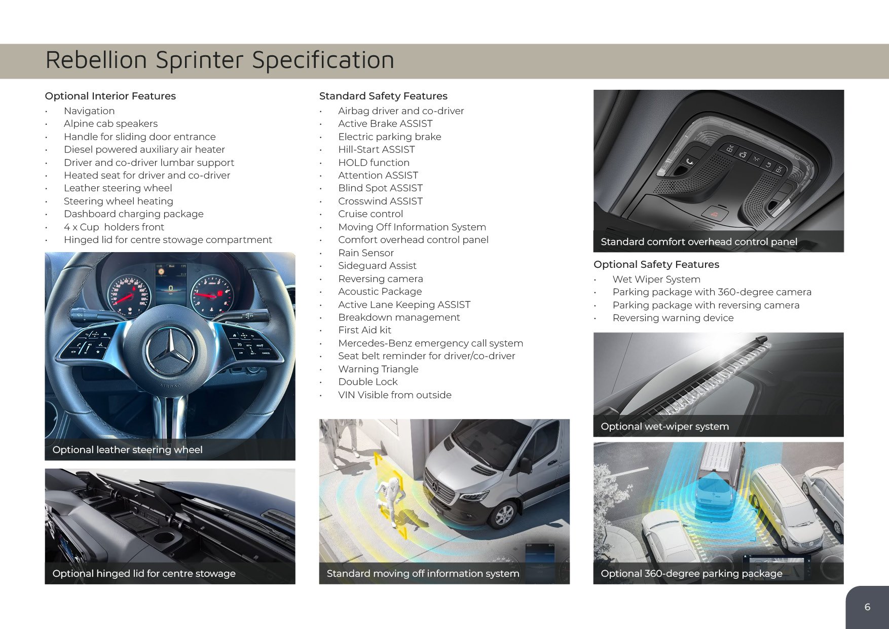 Rebellion Sprinter Specification sheet listing optional interior features such as navigation, alpine cab speakers, heated seats, leather steering wheel, and a dashboard charging package. Standard safety features include airbags, active brake assist, 