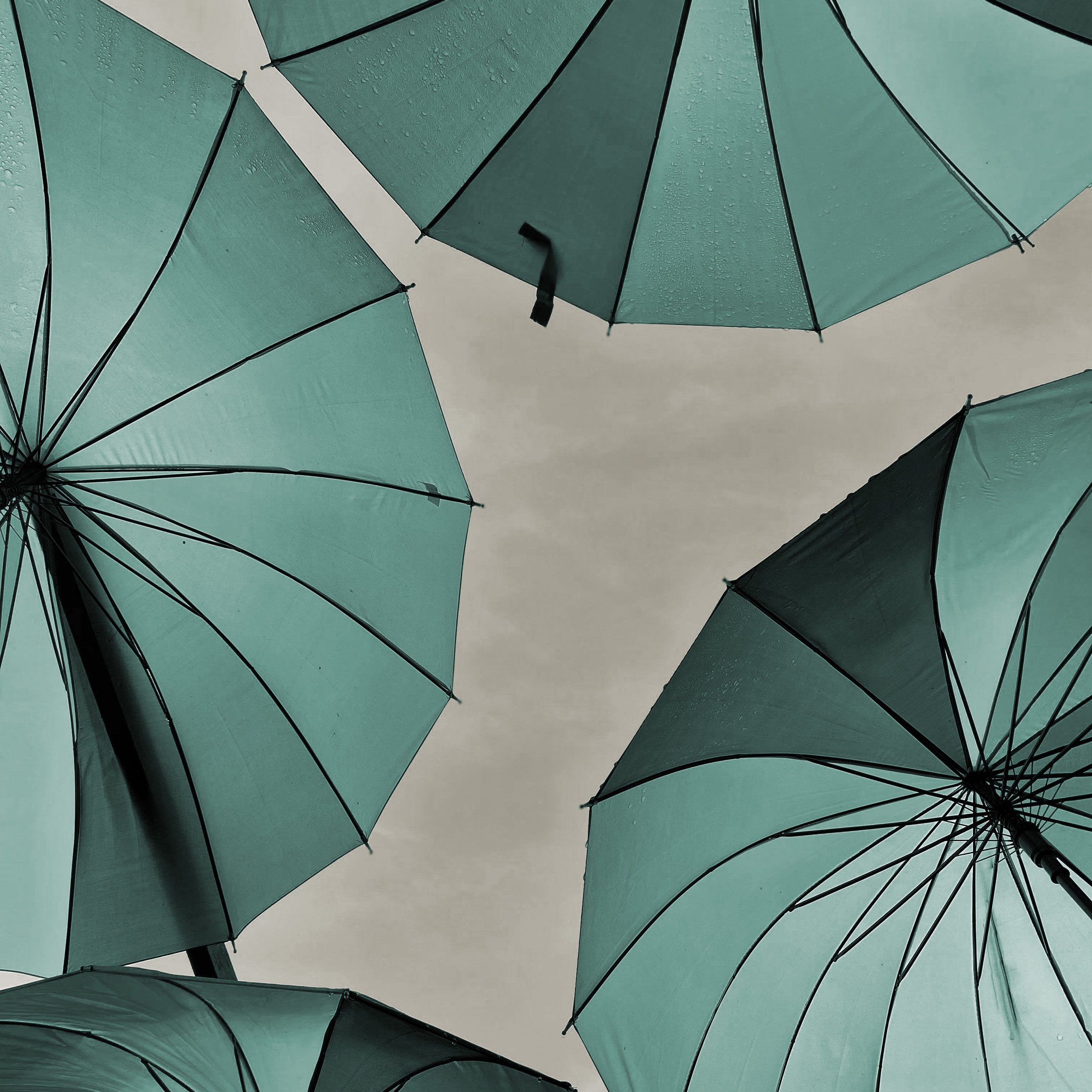 Multiple teal umbrellas viewed from below against a cloudy sky.