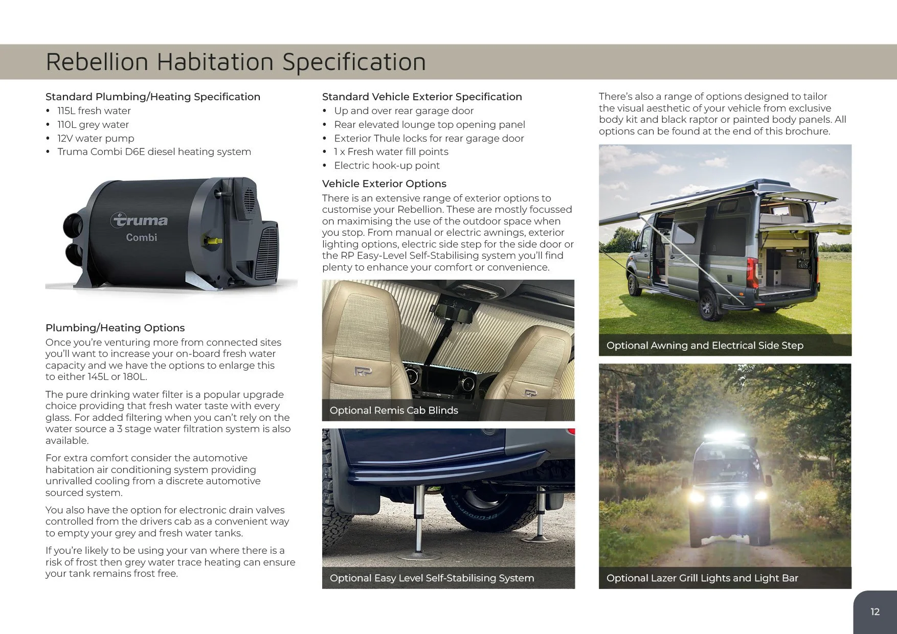 Brochure page titled 'Rebellion Habitatation Specification' with sections on plumbing, vehicle exterior options, and images of a campervan with an awning and lighting, and a close-up of a self-leveling system.