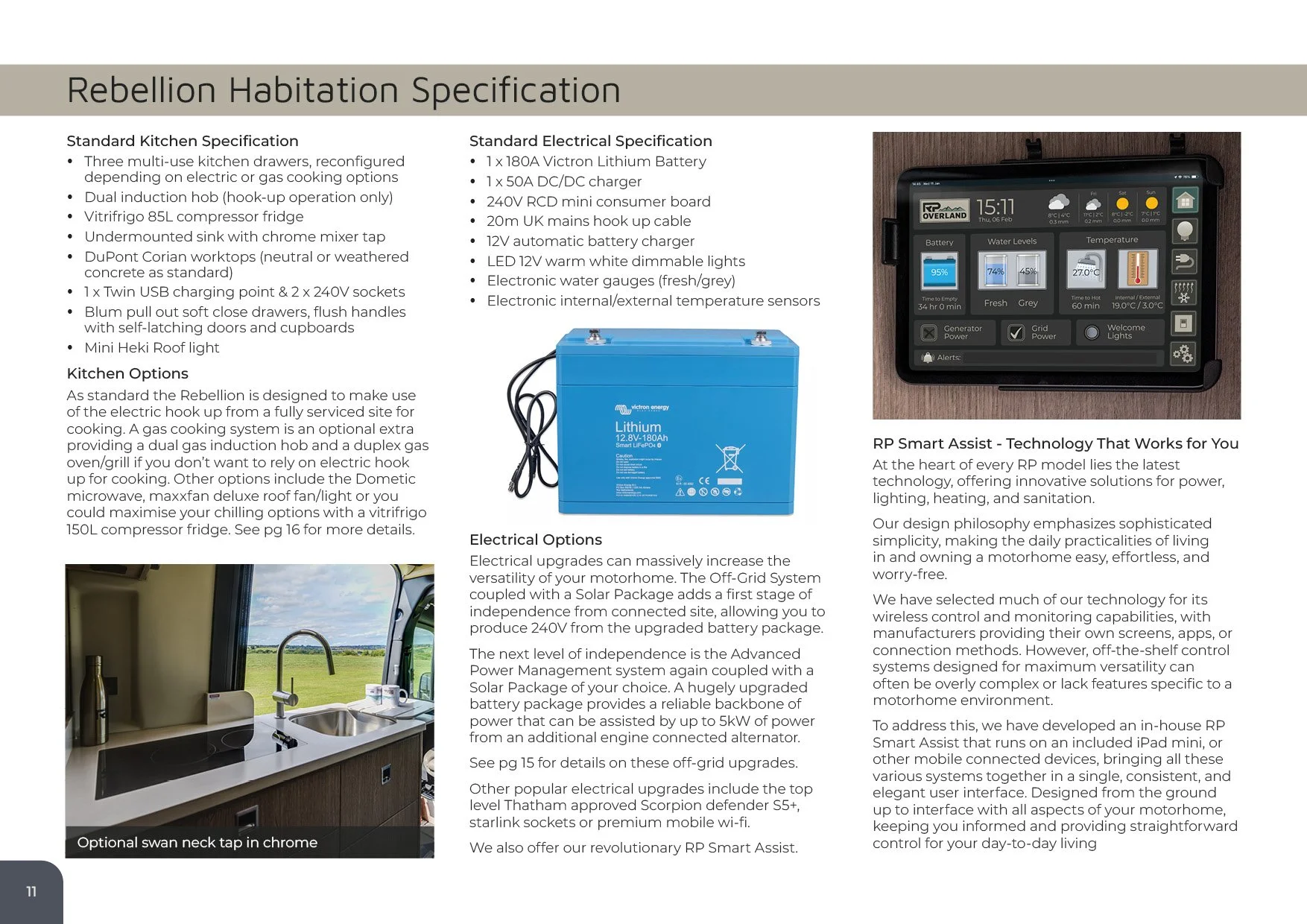 A printed brochure page titled 'Rebellion Habitation Specification' with specifications for a motorhome. It includes sections for Standard Kitchen Specification, Kitchen Options, Standard Electrical Specification, Electrical Options, and features an 