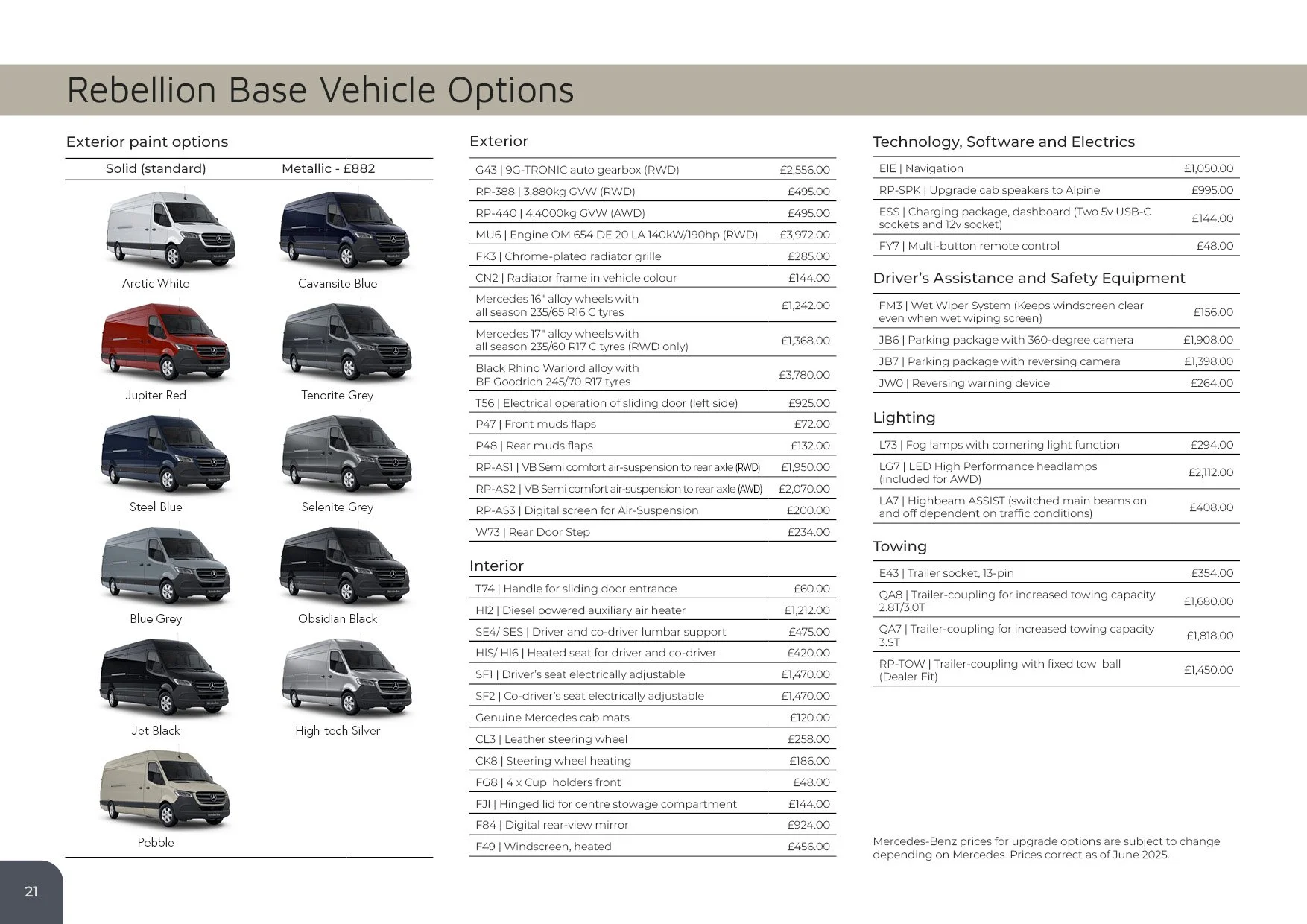 A detailed catalog page showing options for the Rebellion Base vehicle, including exterior paint colors, wheel and exterior features, interior options, technology, driver safety equipment, lighting, and towing accessories. The page includes images of