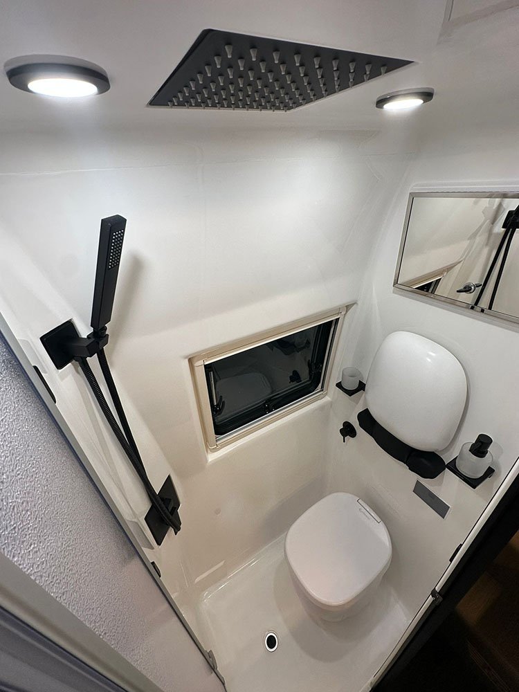 2026 RP Motorhomes fully sealed shower enclosure pod with Clesana heat sealing toilet and rainfall shower as seen in the Rebel and Rebellion from RP Motorhomes