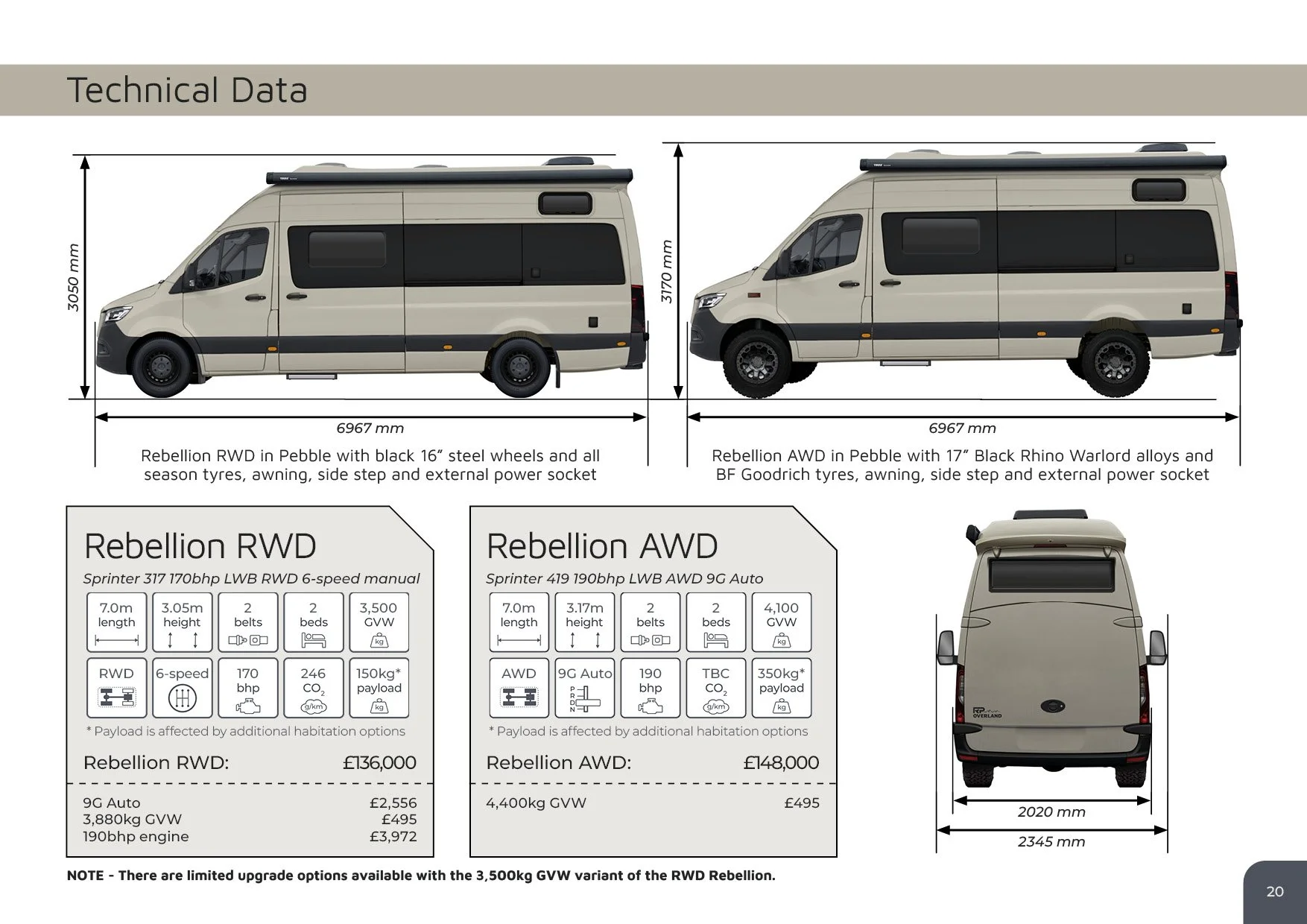 Technical data sheet featuring two side profiles and a rear view of two rebadged vans, one labeled Rebellion RWD and the other Rebellion AWD, with specifications such as dimensions, wheel types, engine power, and pricing.