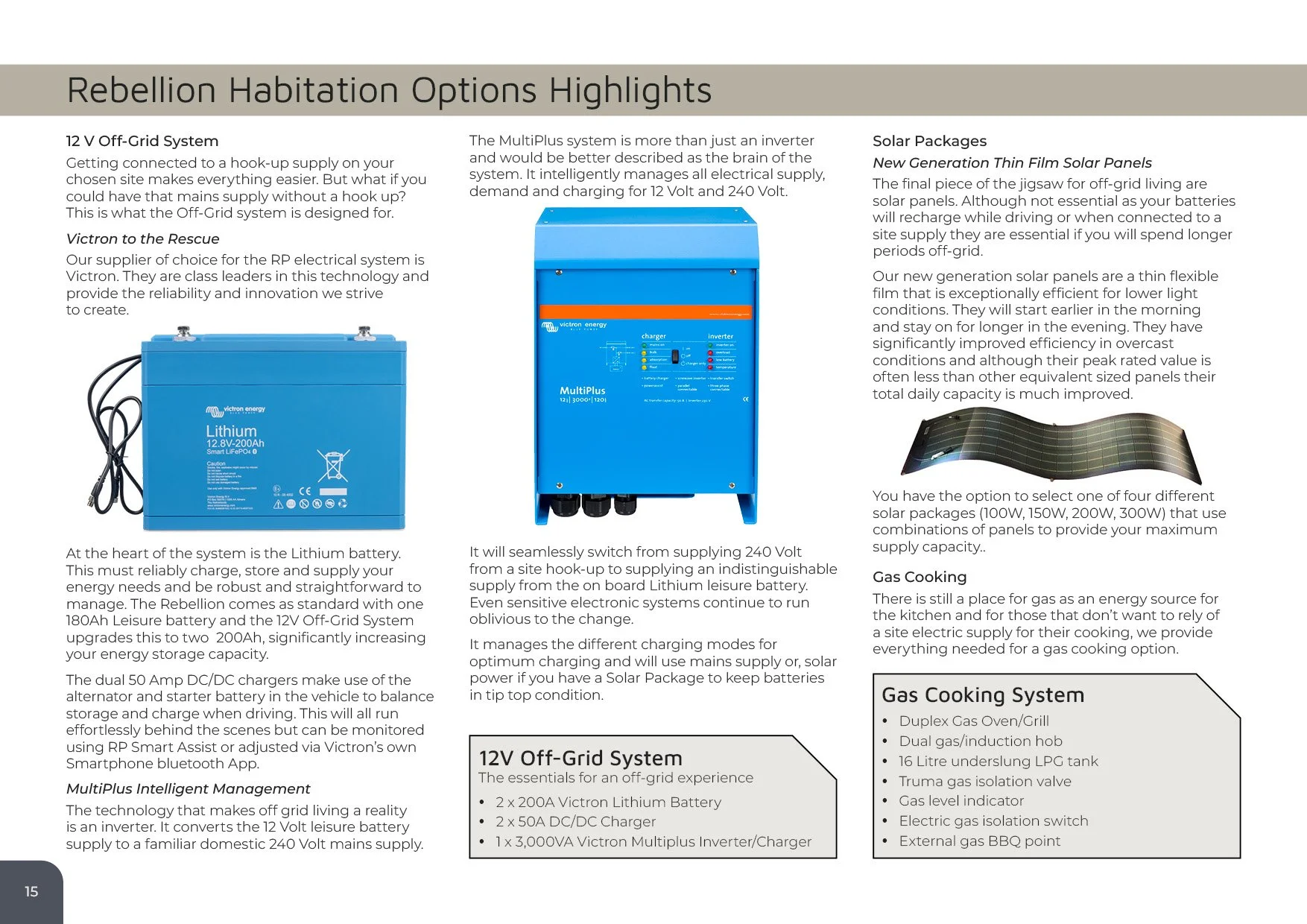 A two-page informational brochure on rebelling habitation options highlights, covering topics such as 12V off-grid systems, solar packages, and gas cooking systems. It features images of blue lithium battery and inverter/charger units, with text deta