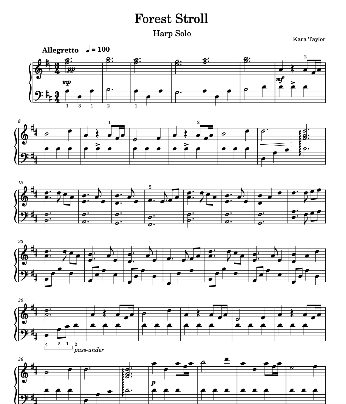 Sheet music titled 'Forest Stroll', harp solo by Kara Taylor, tempo Allegretto, 100 bpm.