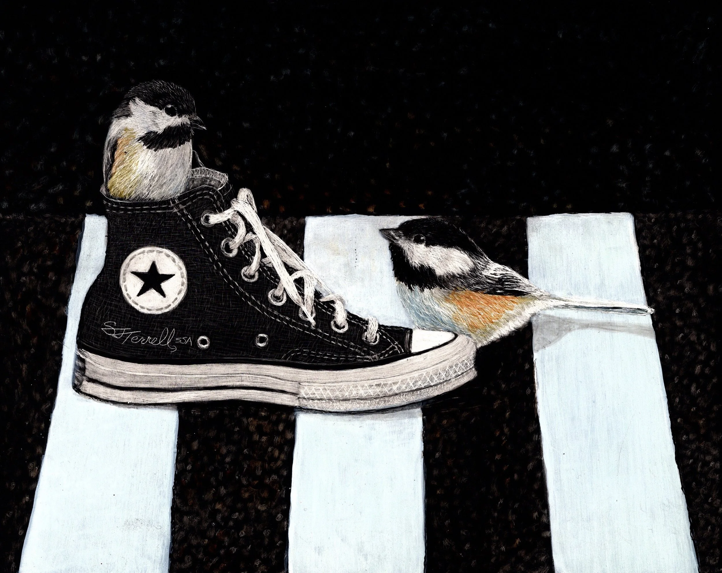 Sally Terrell scratchboard bird and shoe