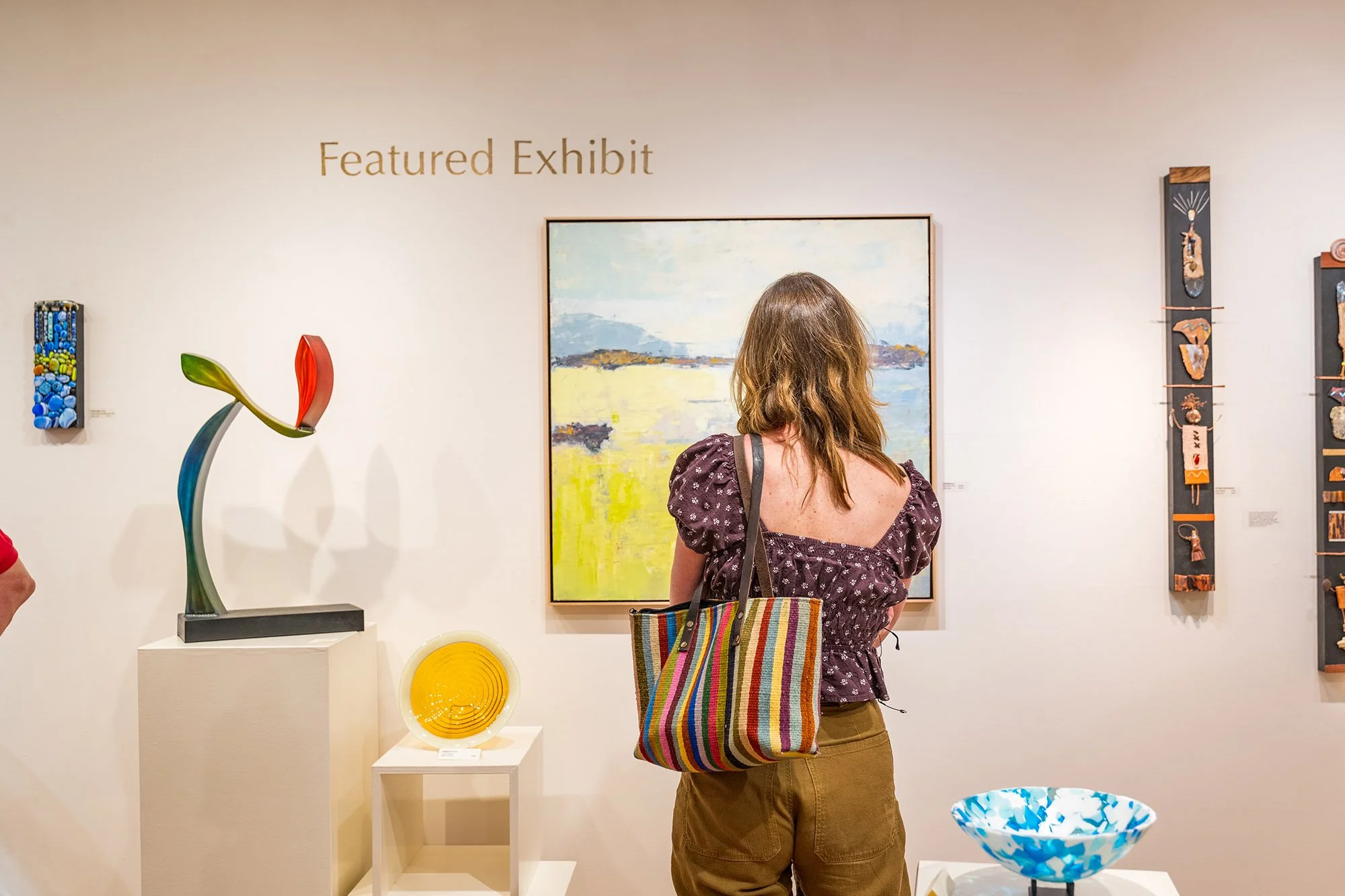 a woman looks at modern sculpture and paintings at the hillsborough gallery of arts