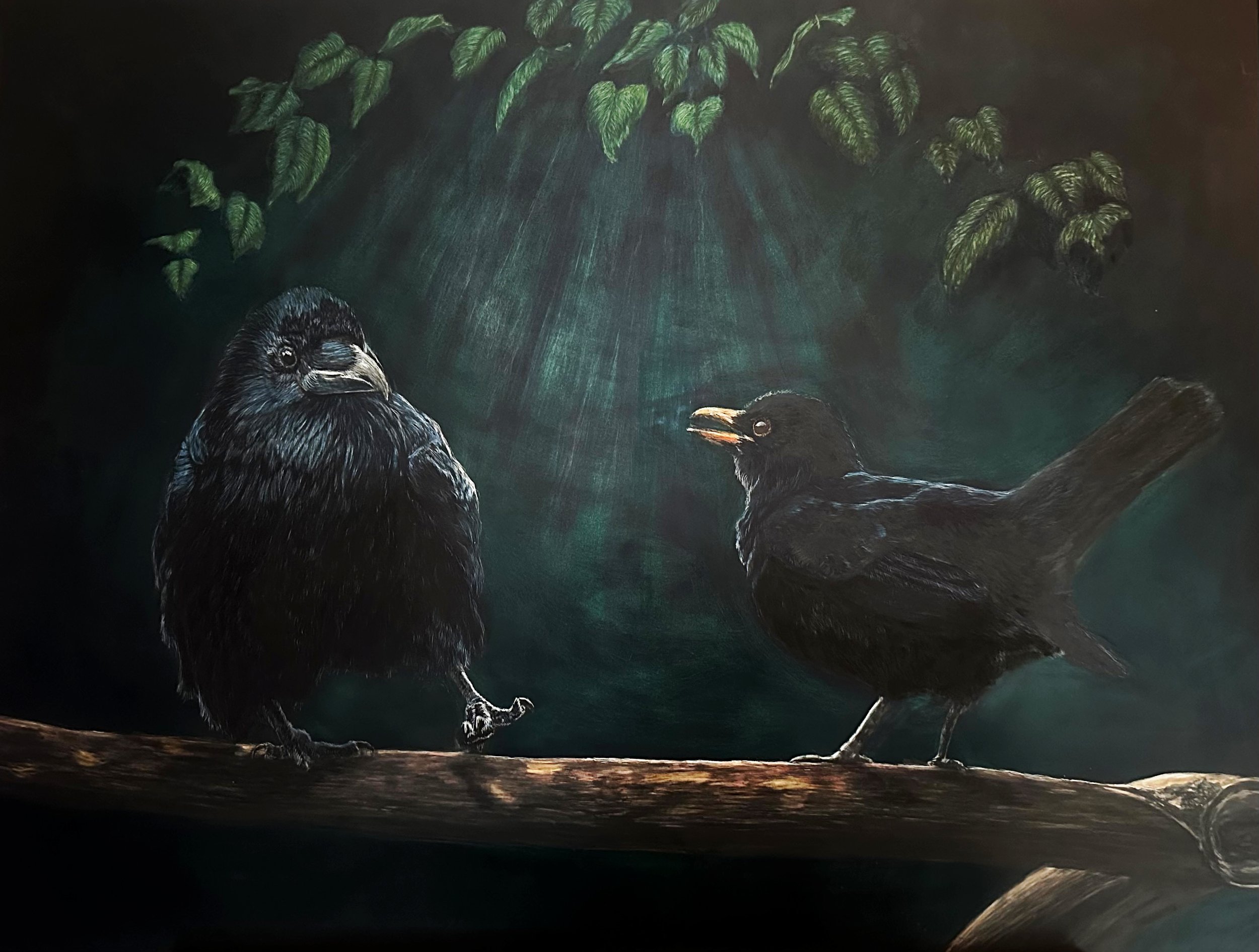 sally terrell scratchboard art or black birds trees forest