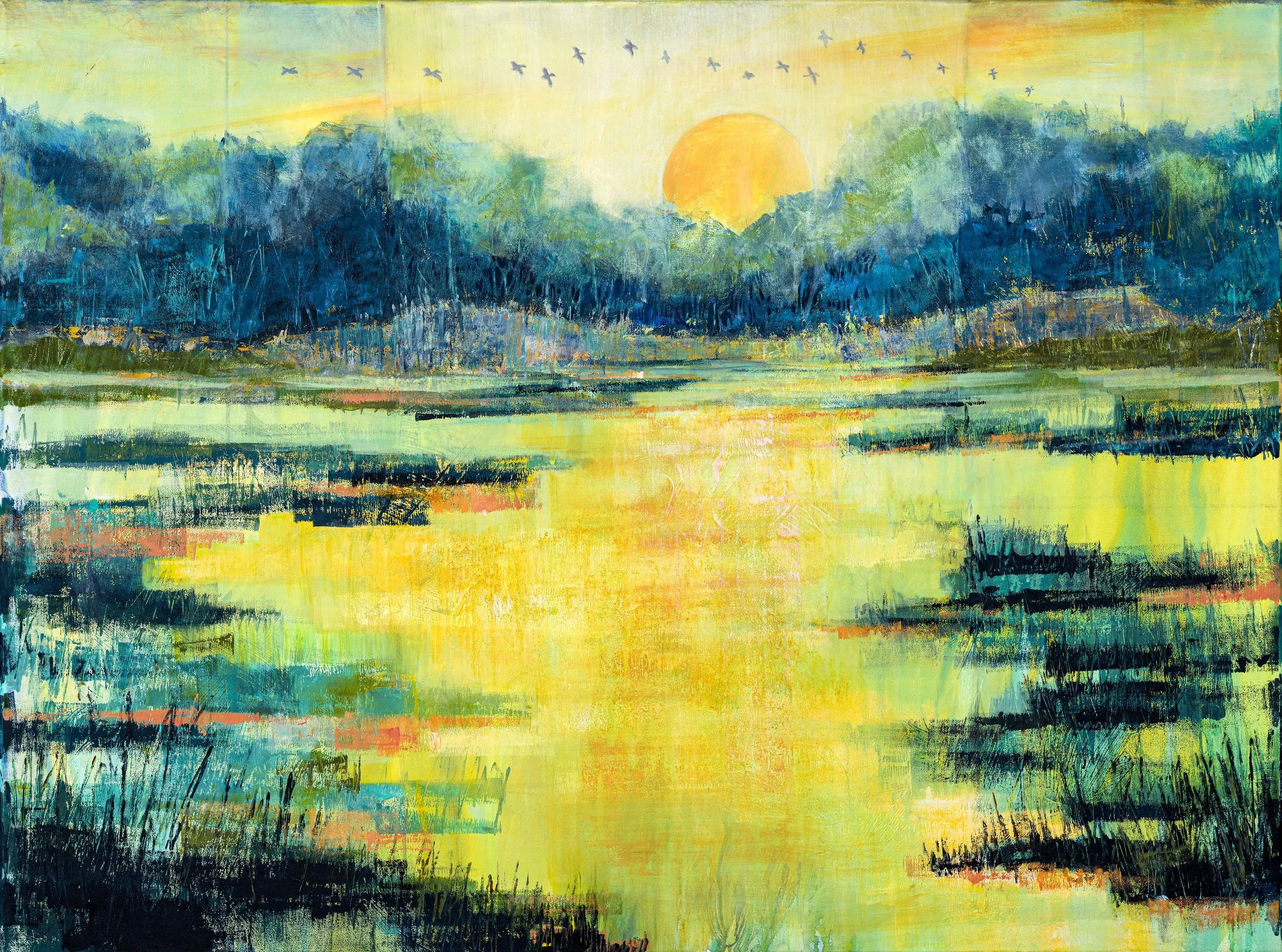 a colorful painting of a sunset over a marsh by nancy smith