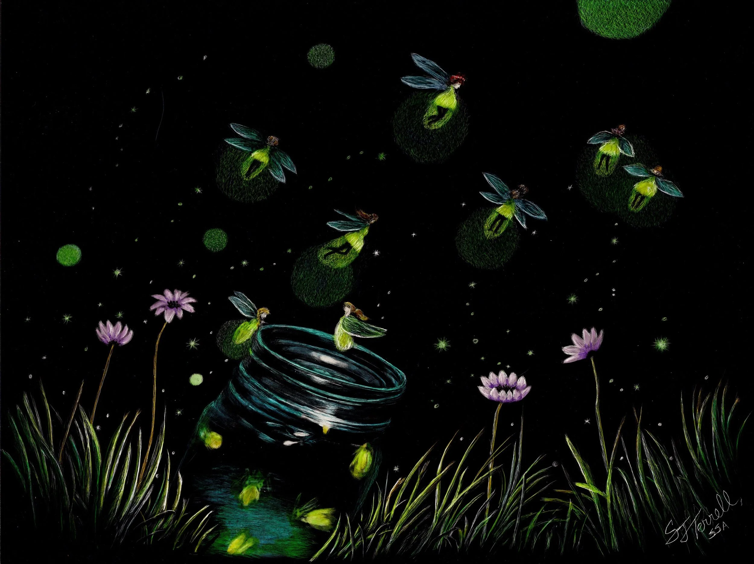 Sally Terrell scratchboard fireflies at night