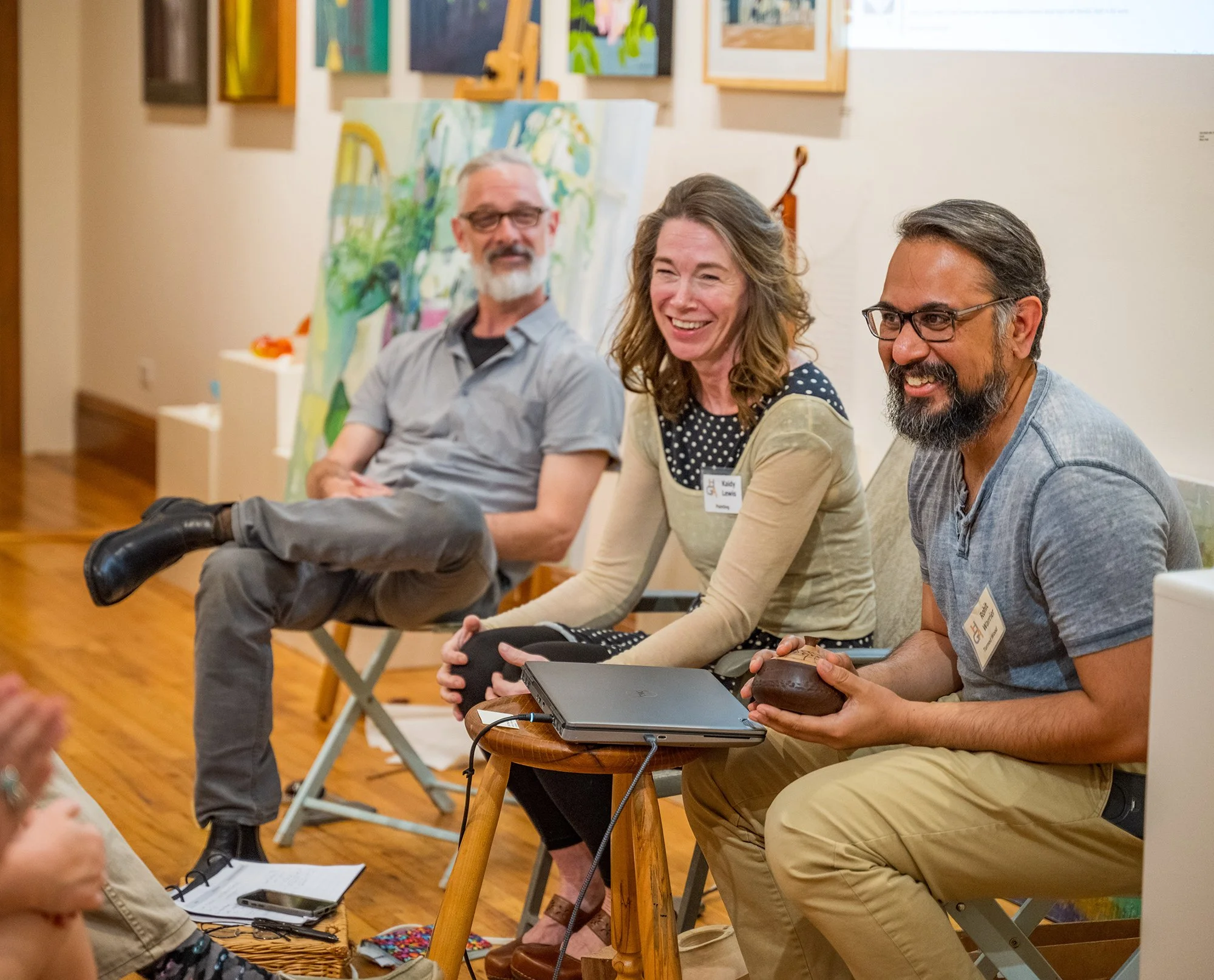 artists kent corley, kaidy lewis, and rohit warrier give an artist talk at hillsborough gallery