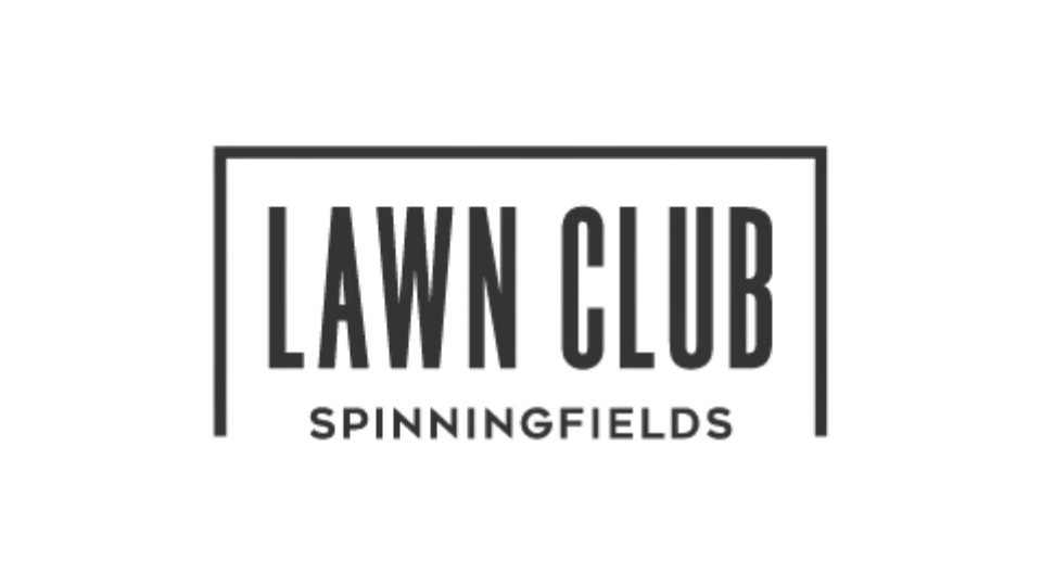 Logo for Lawn Club Spinningfields with the text 'Lawn Club' inside a rectangular outline and 'Spinningfields' below.