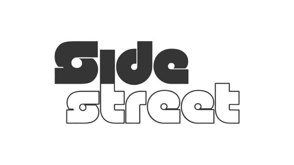 Black background with the words 'side street' in large, stylized, overlapping letters, with 'side' above 'street'.