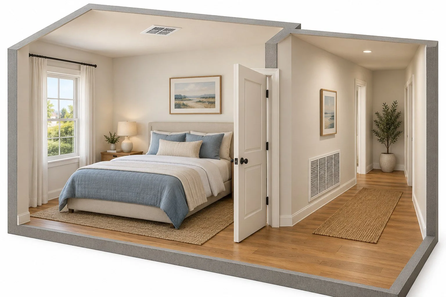 Cutaway illustration of an open bedroom doorway connecting a ceiling supply vent to a hallway return-air grille.