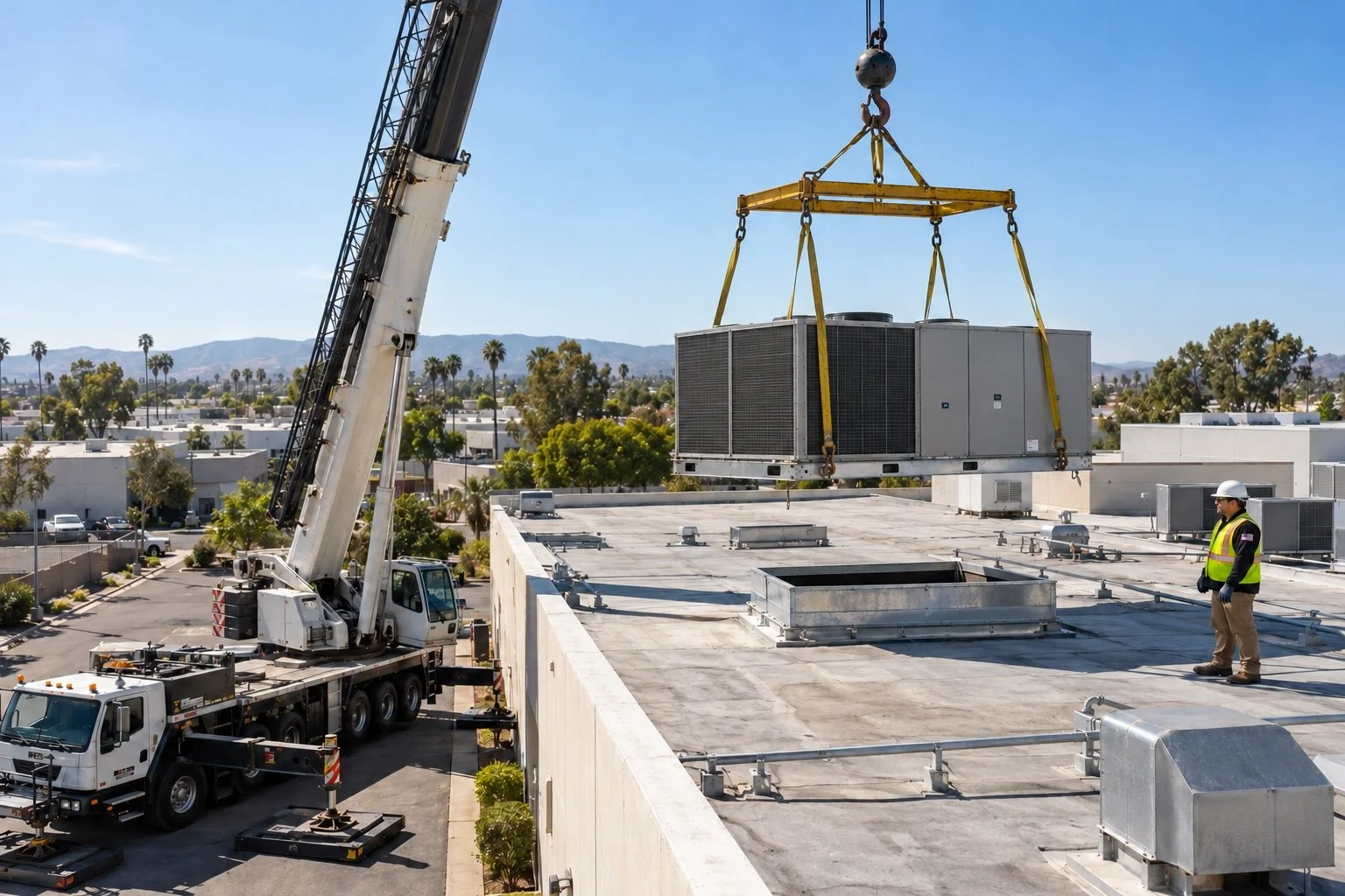 Illustration of a mobile crane lifting a commercial rooftop HVAC unit above a roof curb.