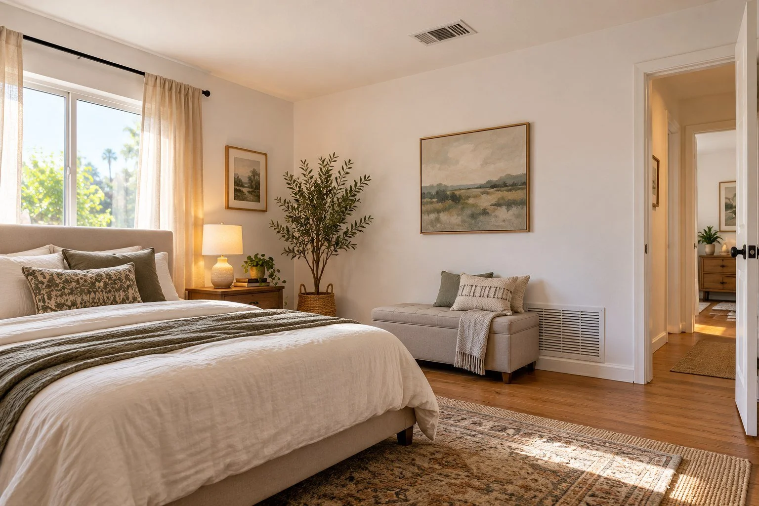 Illustration of a bedroom with a storage bench partly blocking a wall return-air grille.