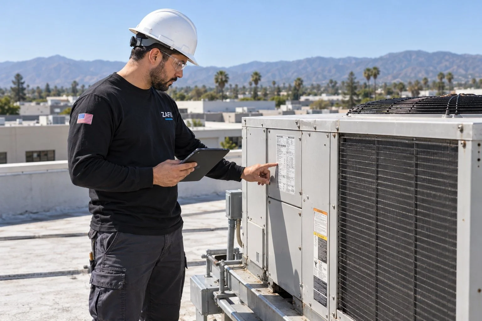 Illustration of a ZAFI technician assessing a commercial rooftop HVAC unit with a tablet.