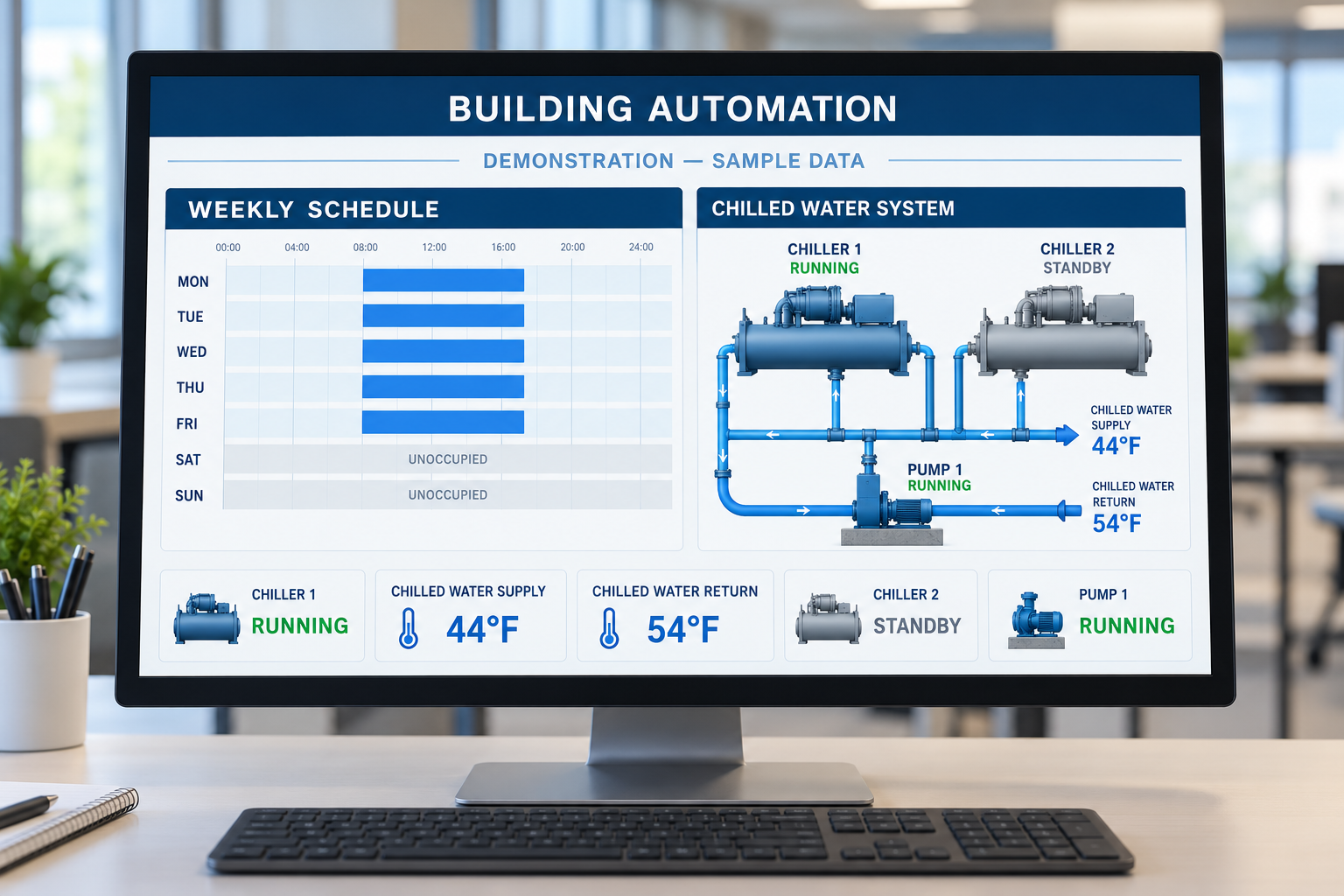Illustrative building automation dashboard showing a weekly HVAC schedule, chiller and pump status, and chilled-water temperatures.
