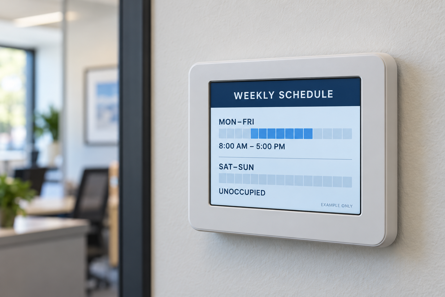 Illustrative commercial thermostat showing a weekday occupied schedule and unoccupied weekends.