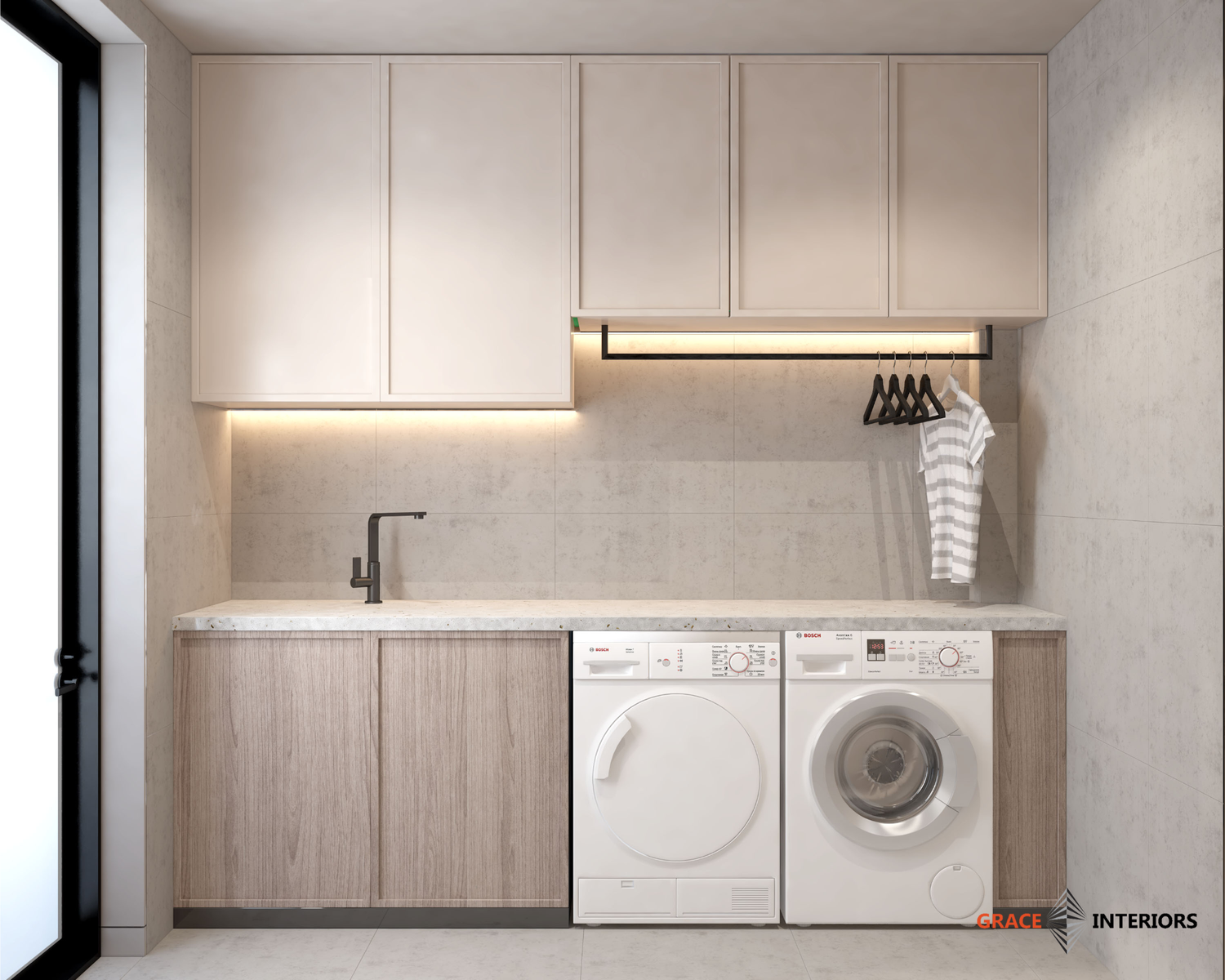 Tủ bếp gỗ với kệ mở và đèn led