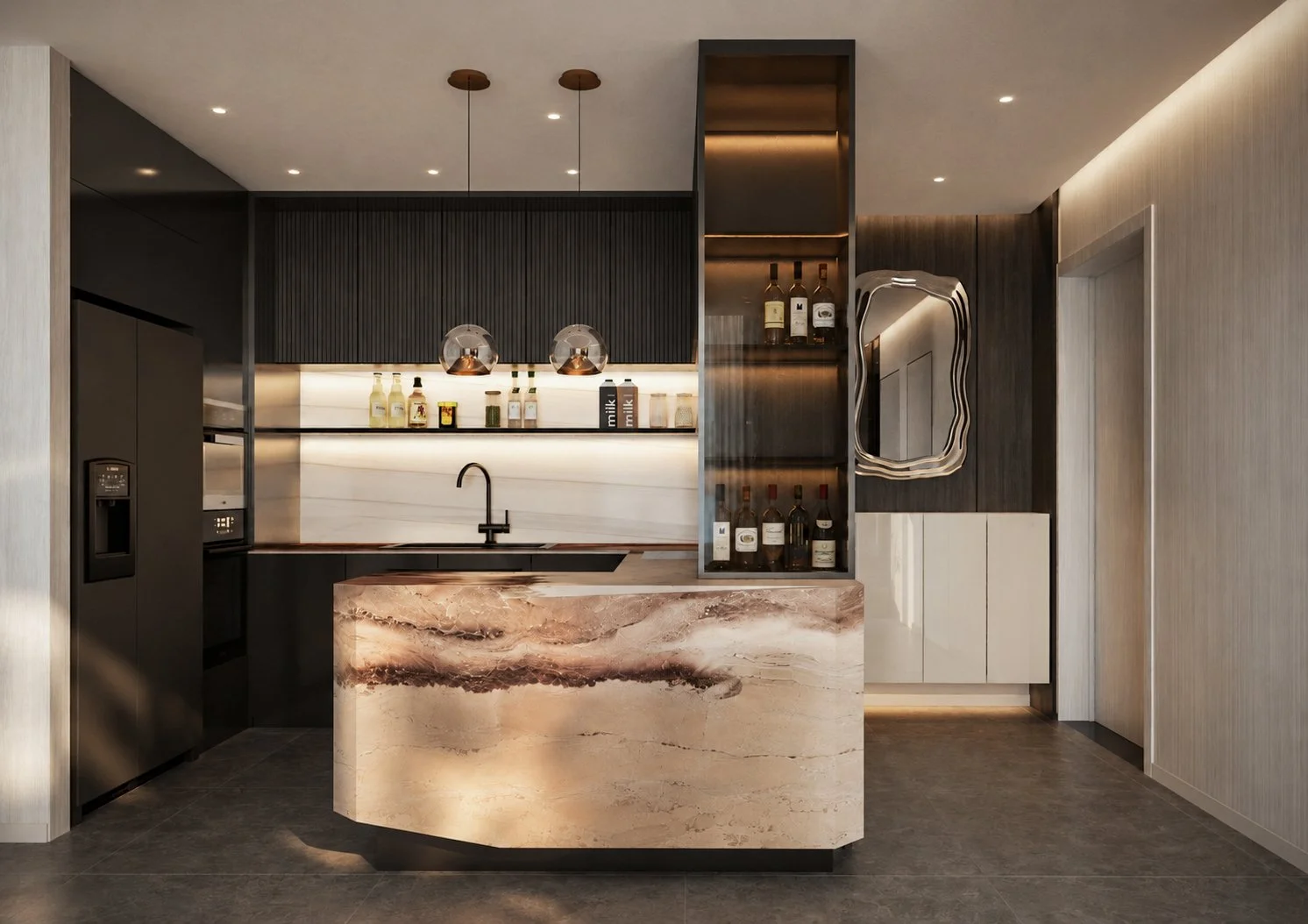 Thiết kế bếp căn hộ The Berkley Thảo Điền đảo bếp đá onyx backlit tủ charcoal Grace Interiors