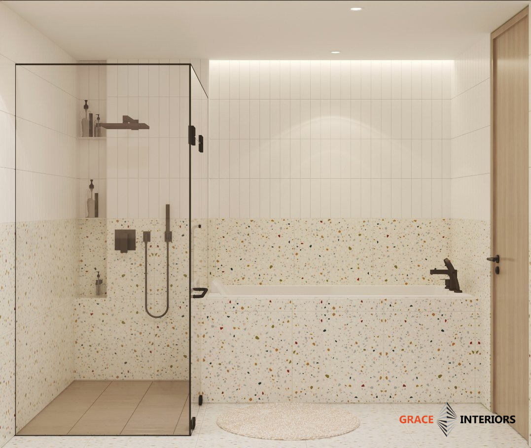 Phòng tắm với bồn rửa mặt đá terrazzo