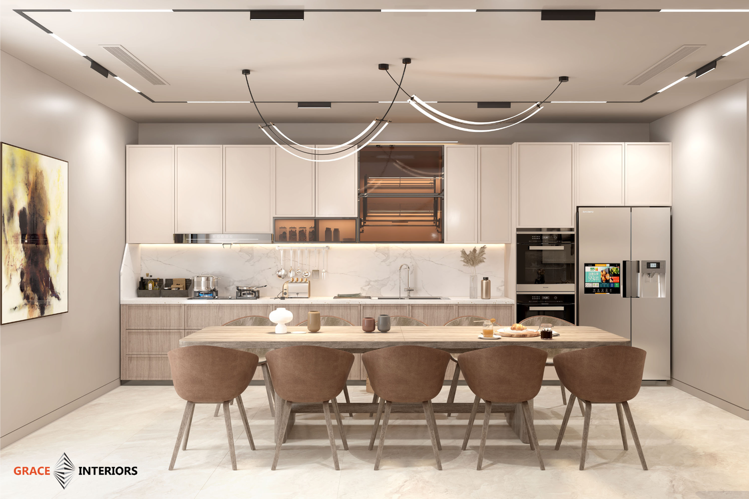 Bếp mở tông trắng gỗ nhà phố Nine South