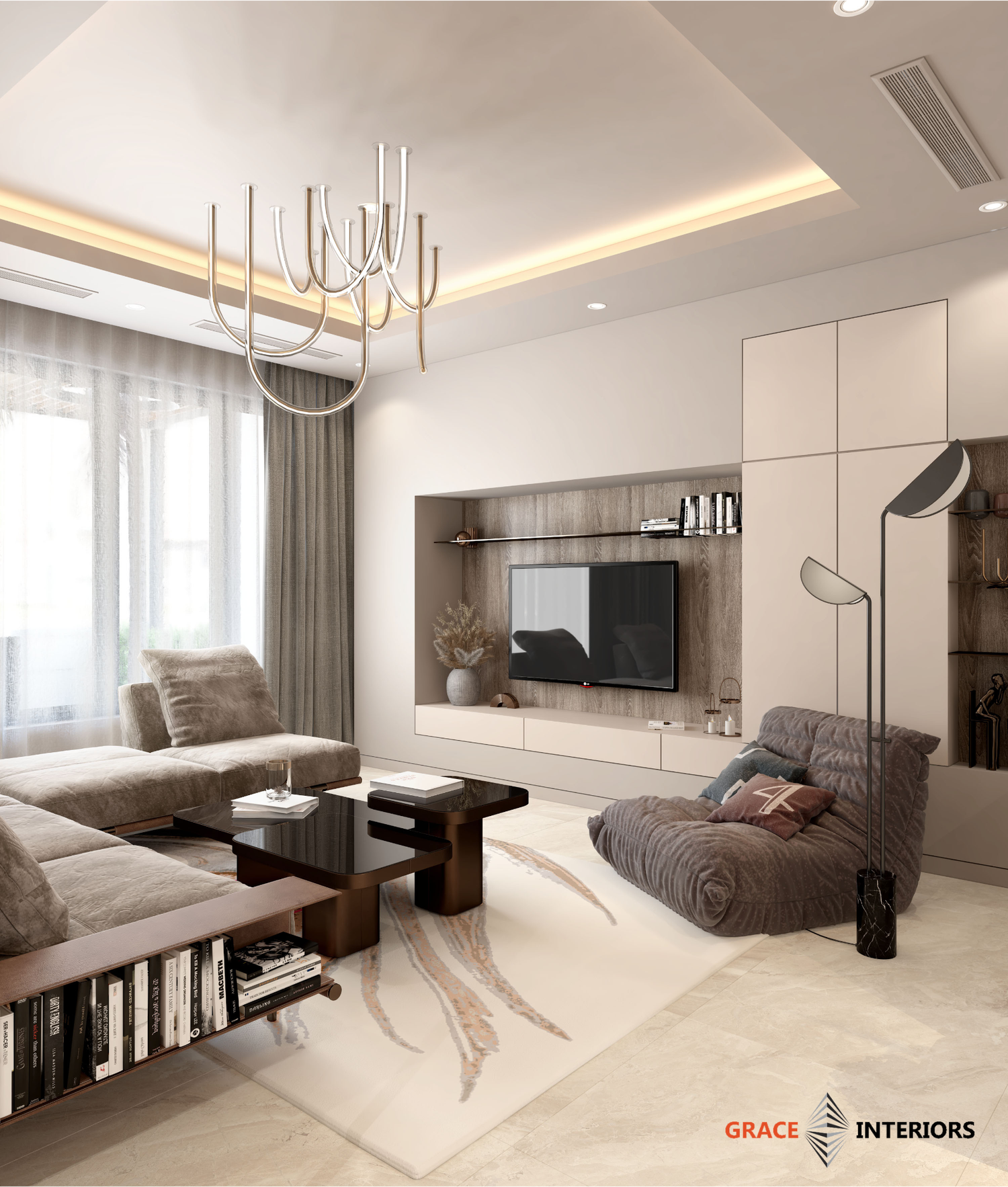Phòng khách ghế sofa xám, bàn trà gỗ